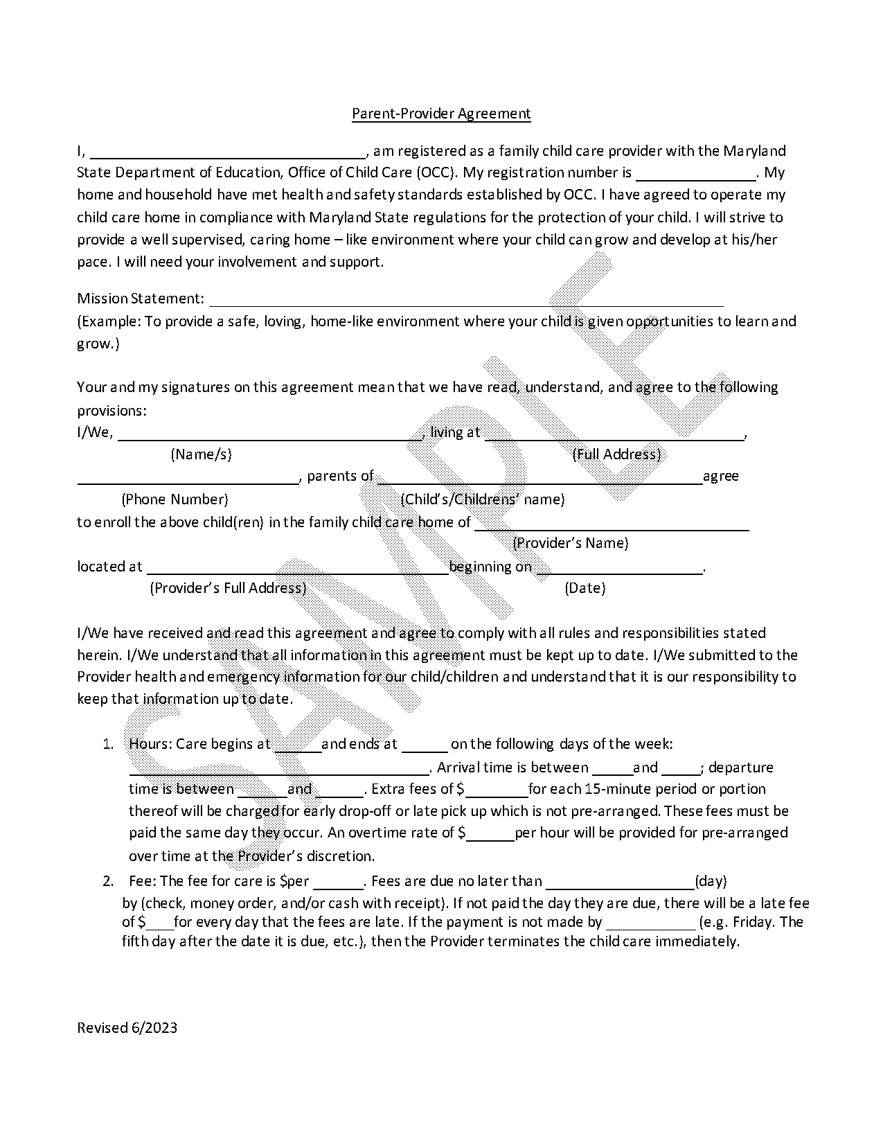 contract between child care provider and parent