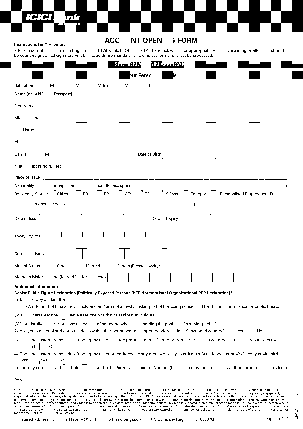 icici bank transfer account form