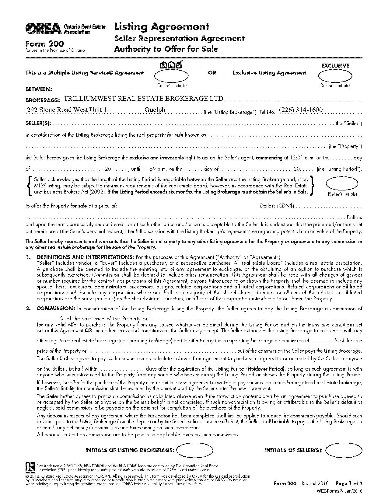 orea standard form of listing agreement