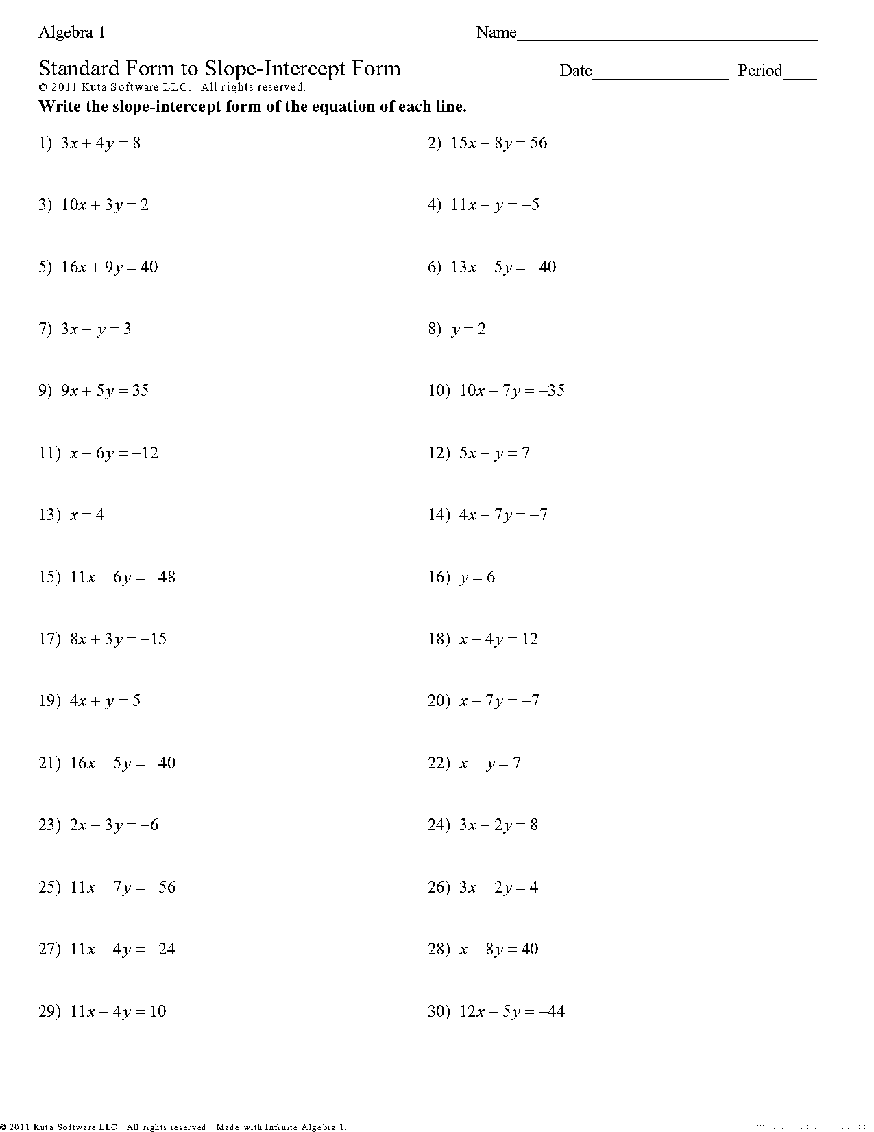 writing equations in standard form worksheet