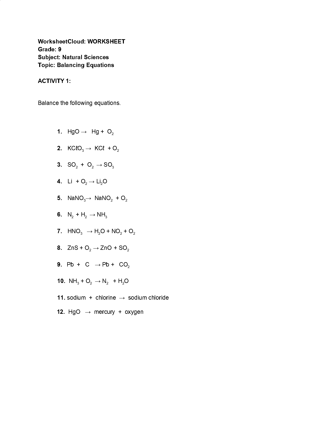 how to balance equations worksheet with answers