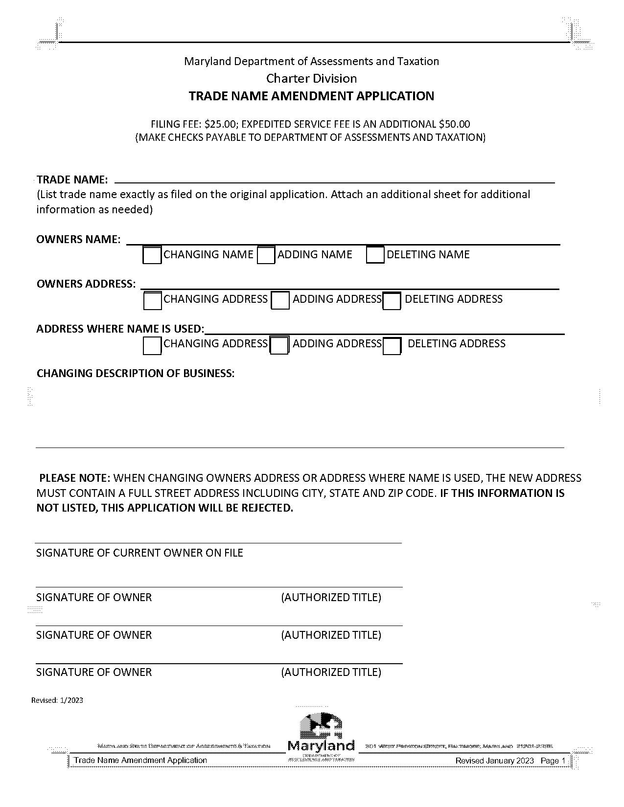 change of name form maryland