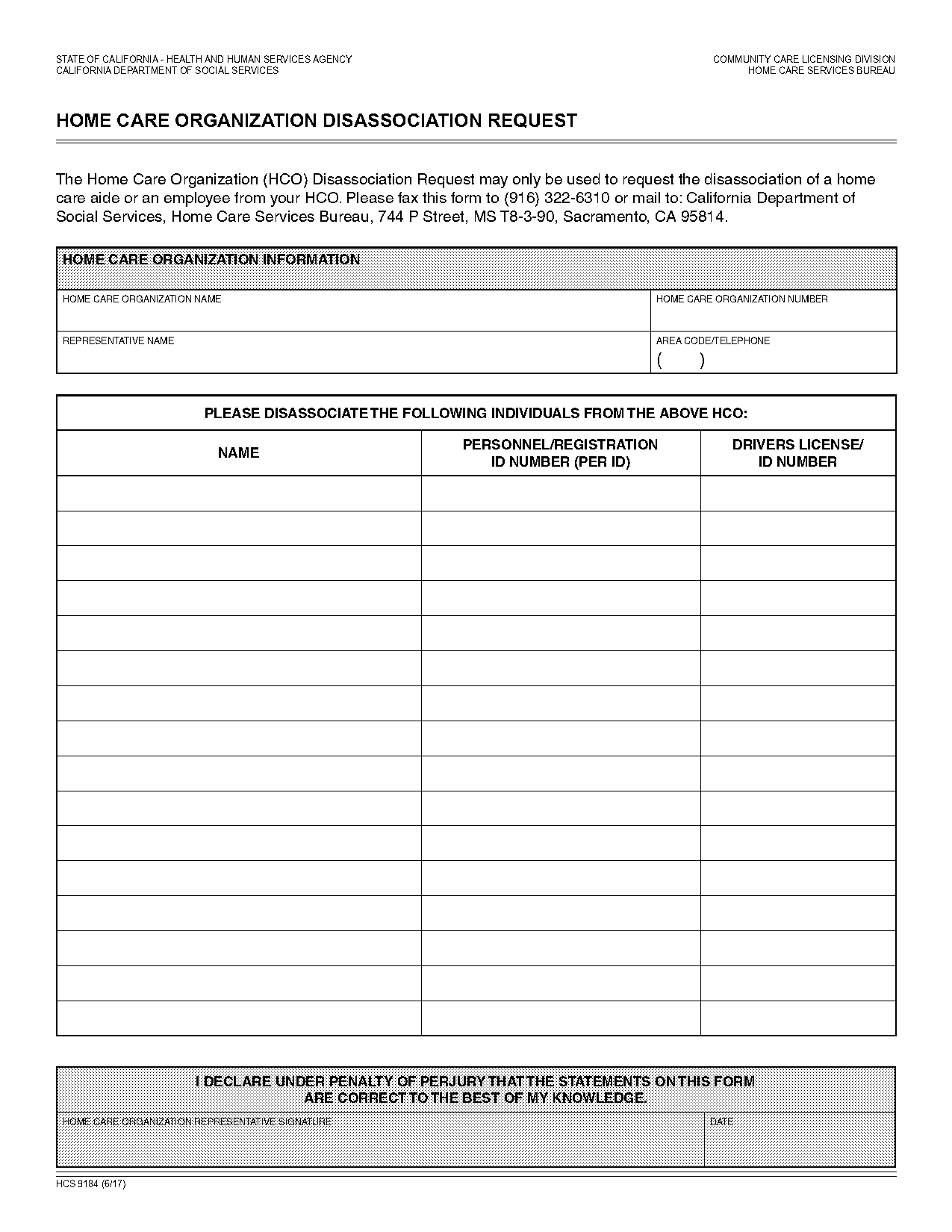 home care organization disassociation request form