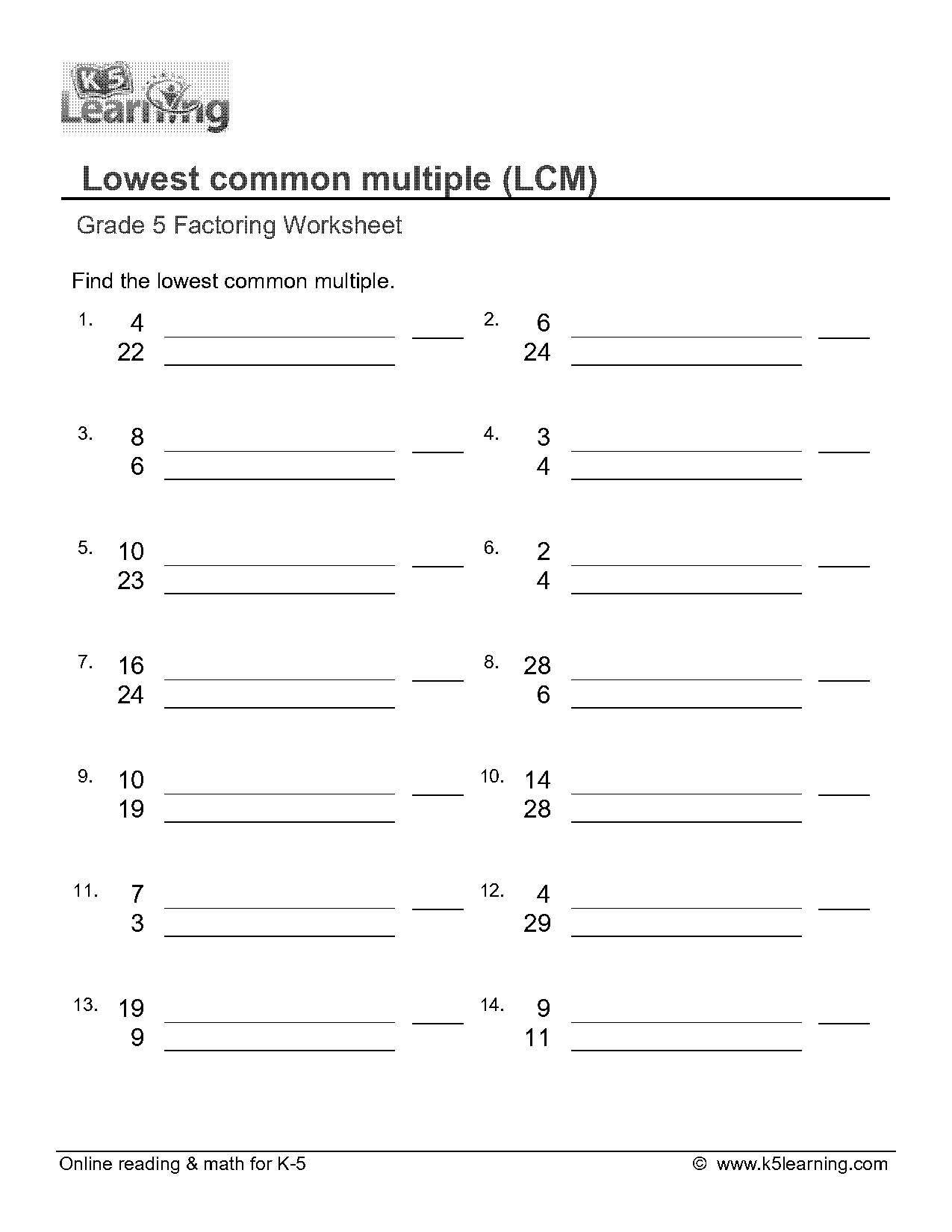 maths lowest common multiple worksheets