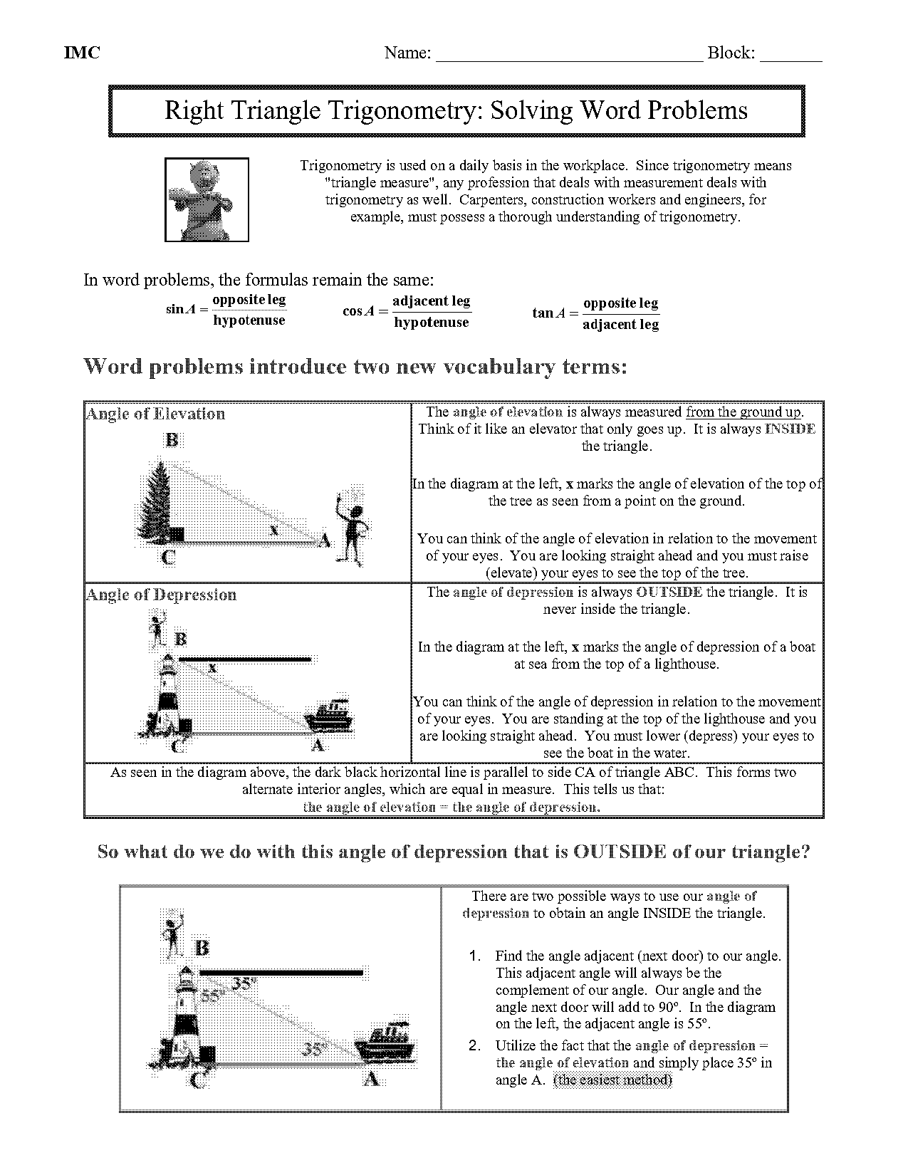 trig ratio word problems worksheet answers