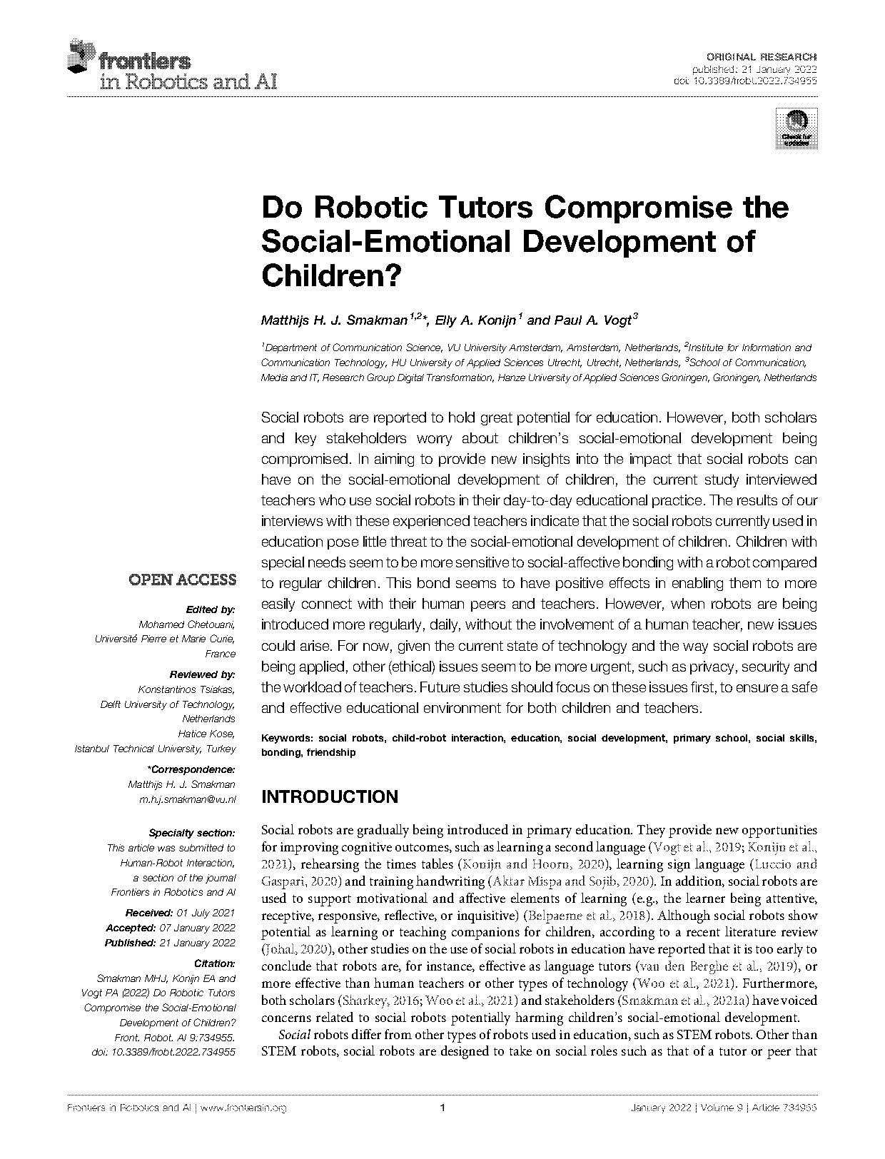 articles on impact social robots are having on children