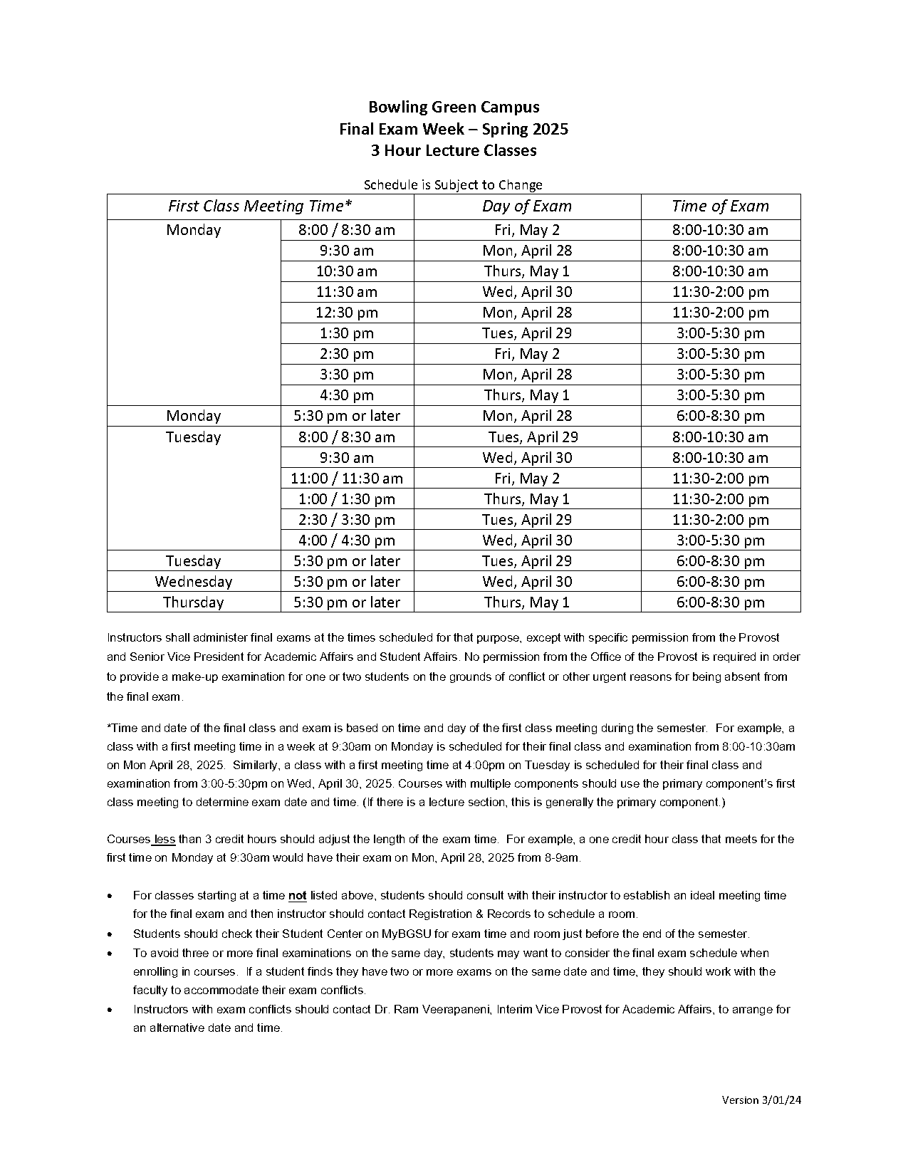 bgsu exam schedule spring