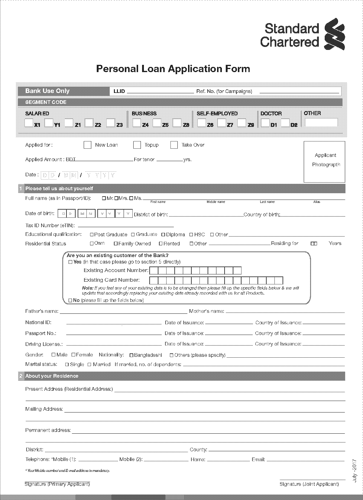 standard chartered bank business loan application form