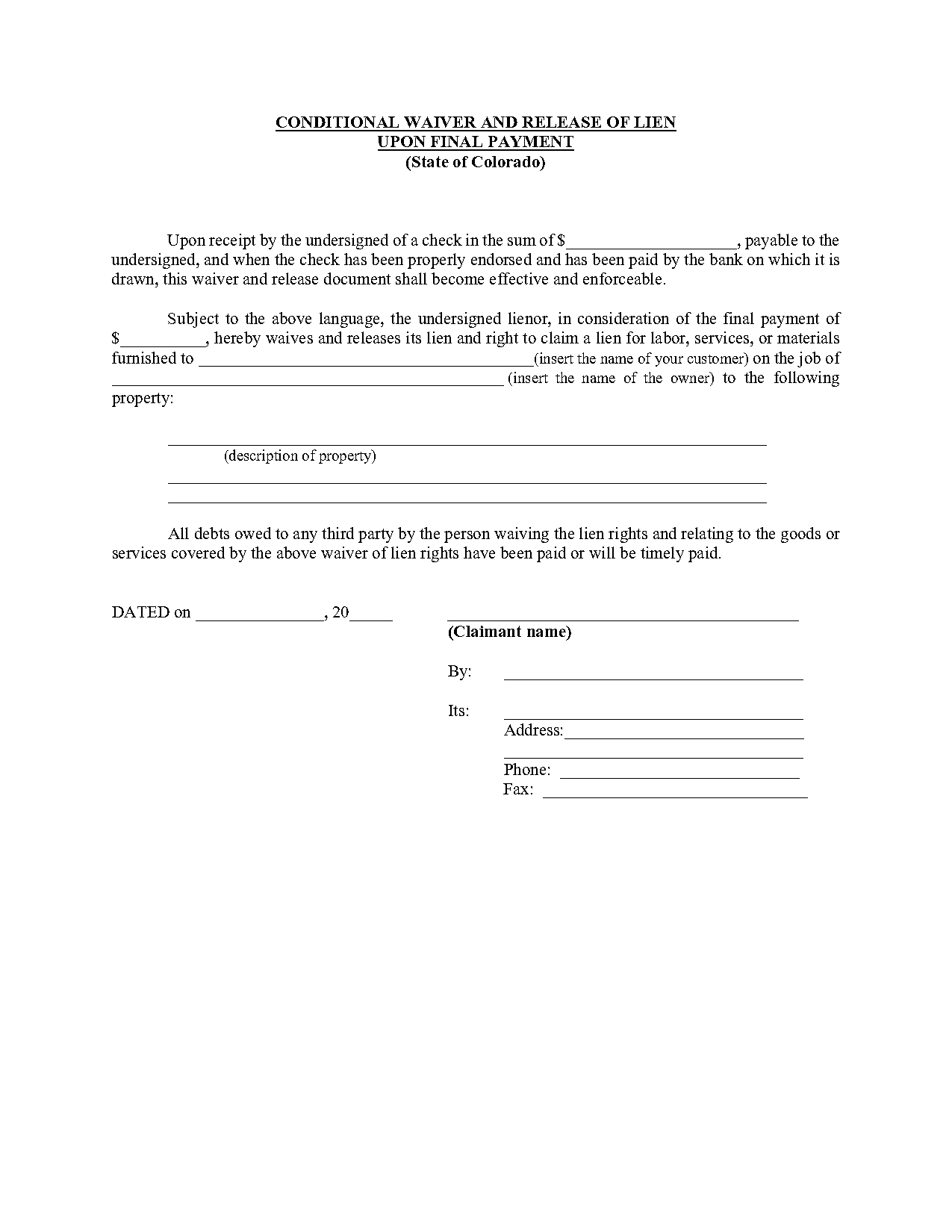 final conditional waiver release of lien