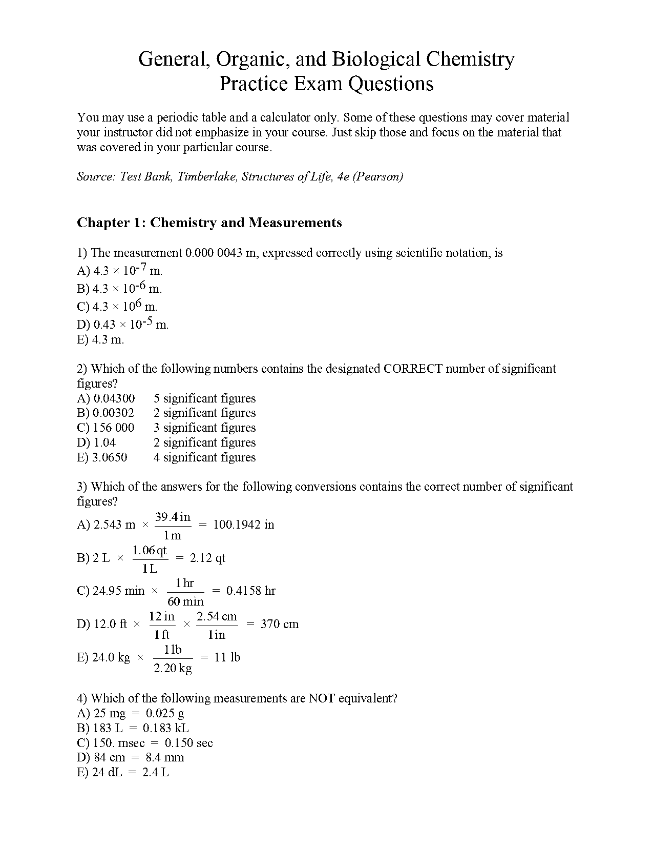 gen chemistry sample questions