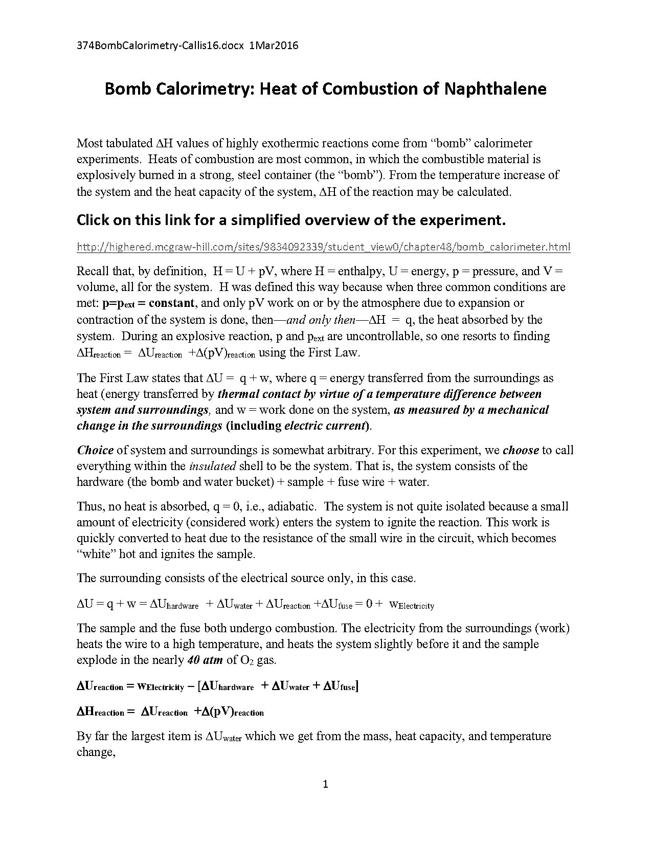 bomb calorimetry naphthalene lab report