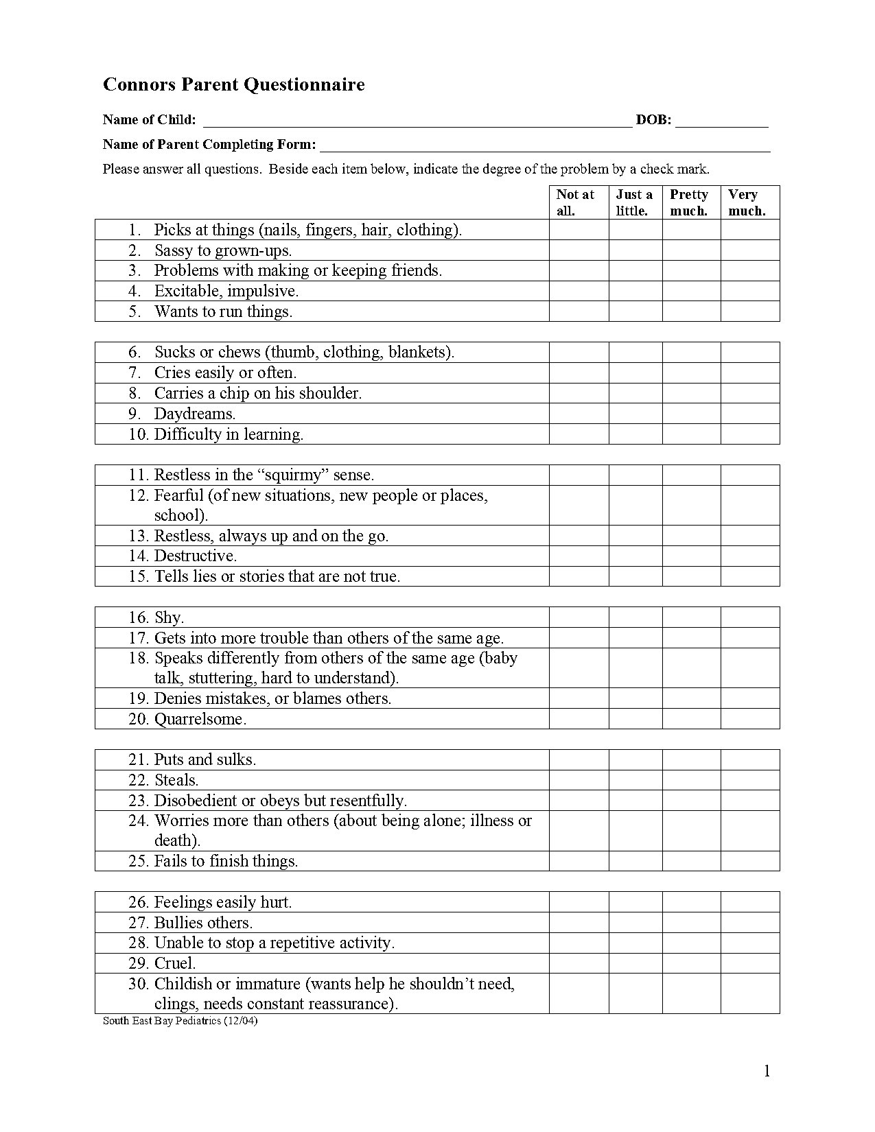 conners parent questionnaire scoring