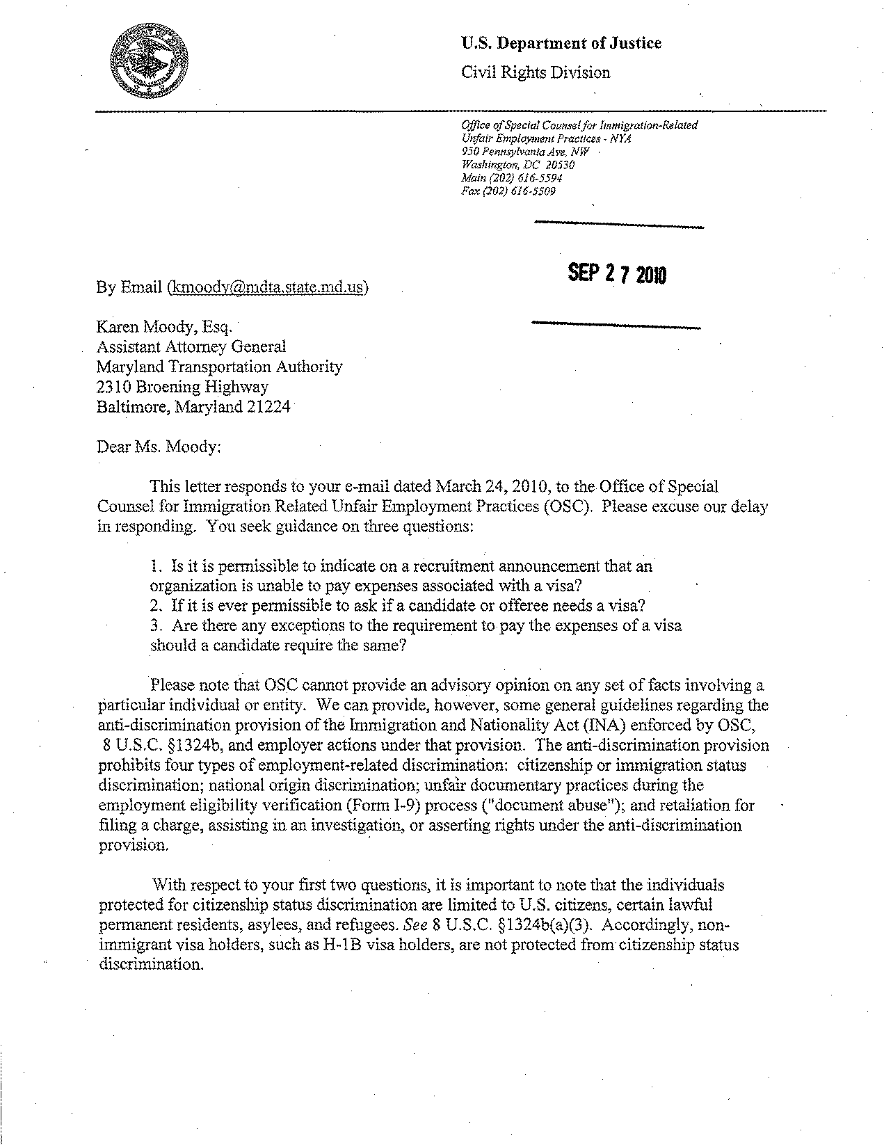 inquiry letter about job application status