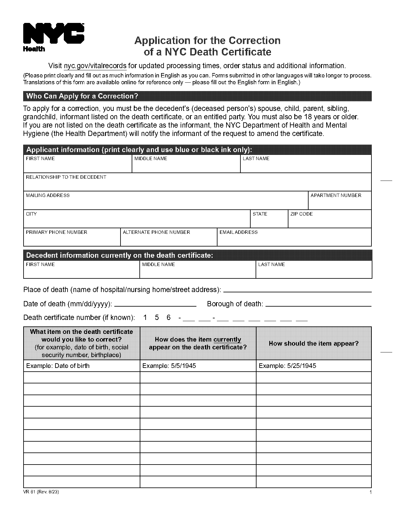 death certificate nyc application