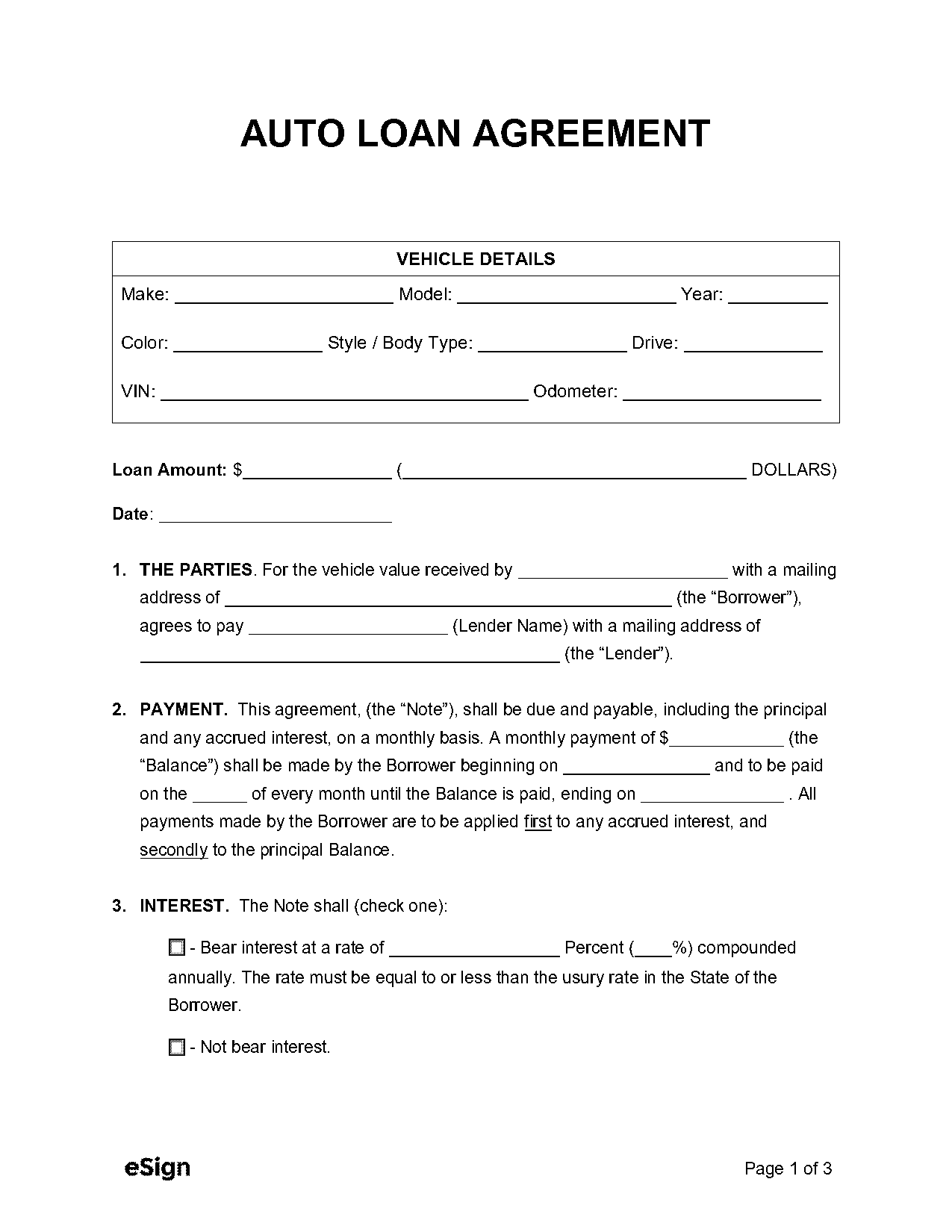 printable auto loan agreement form