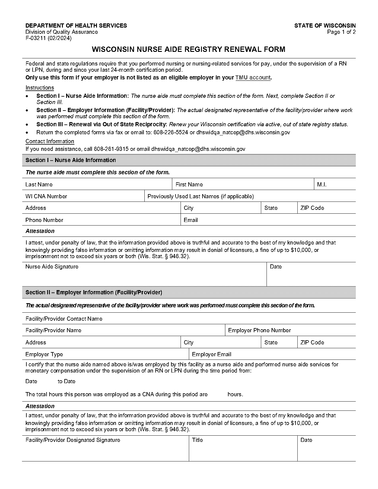 cna certification renewal form