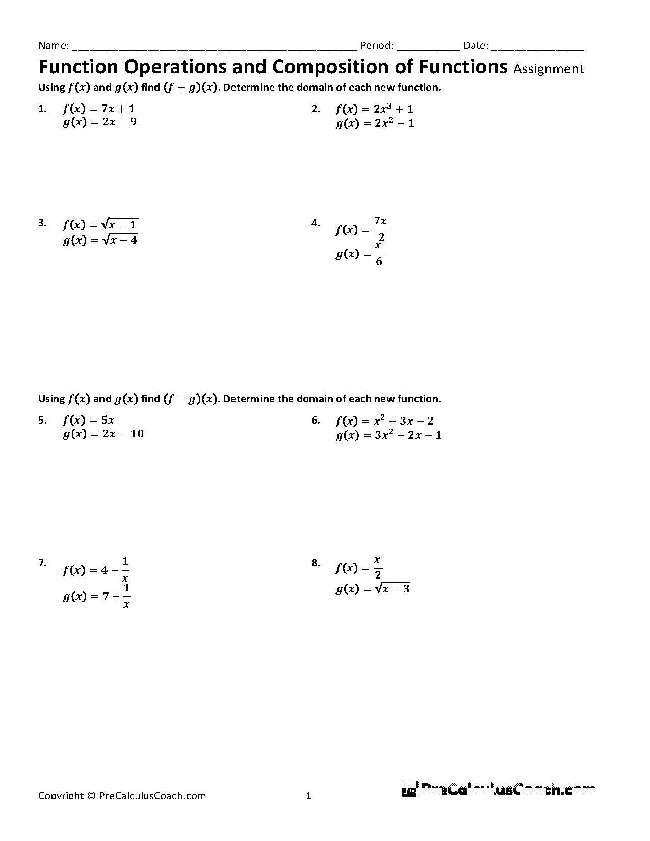 operations and compositions of functions worksheet answers