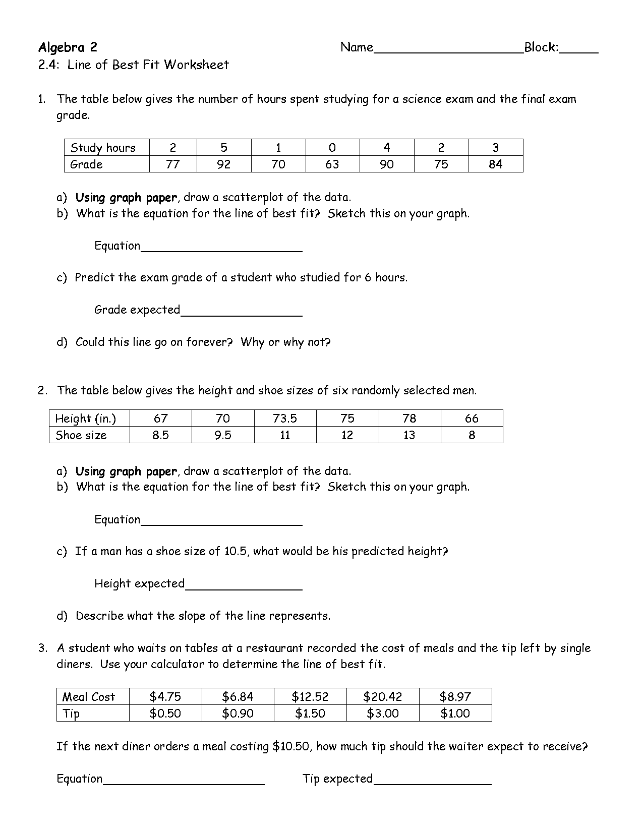 finding equation of a line from a table worksheet