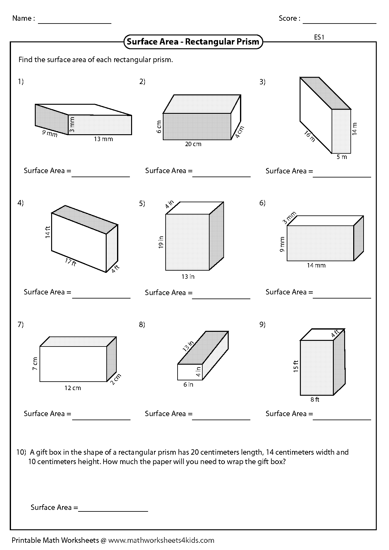 surface area of prisms worksheet pdf