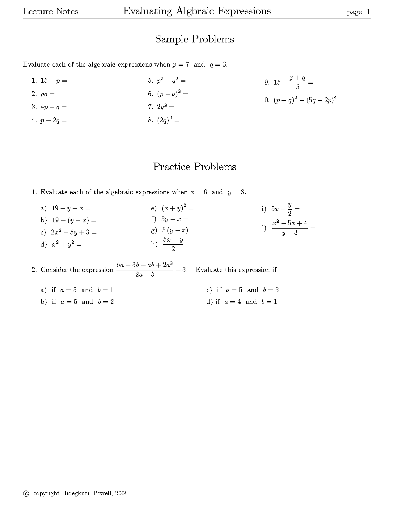 evaluating expressions practice and problem solving