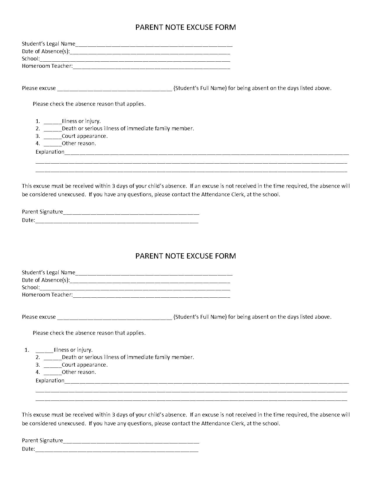 school excuse note template