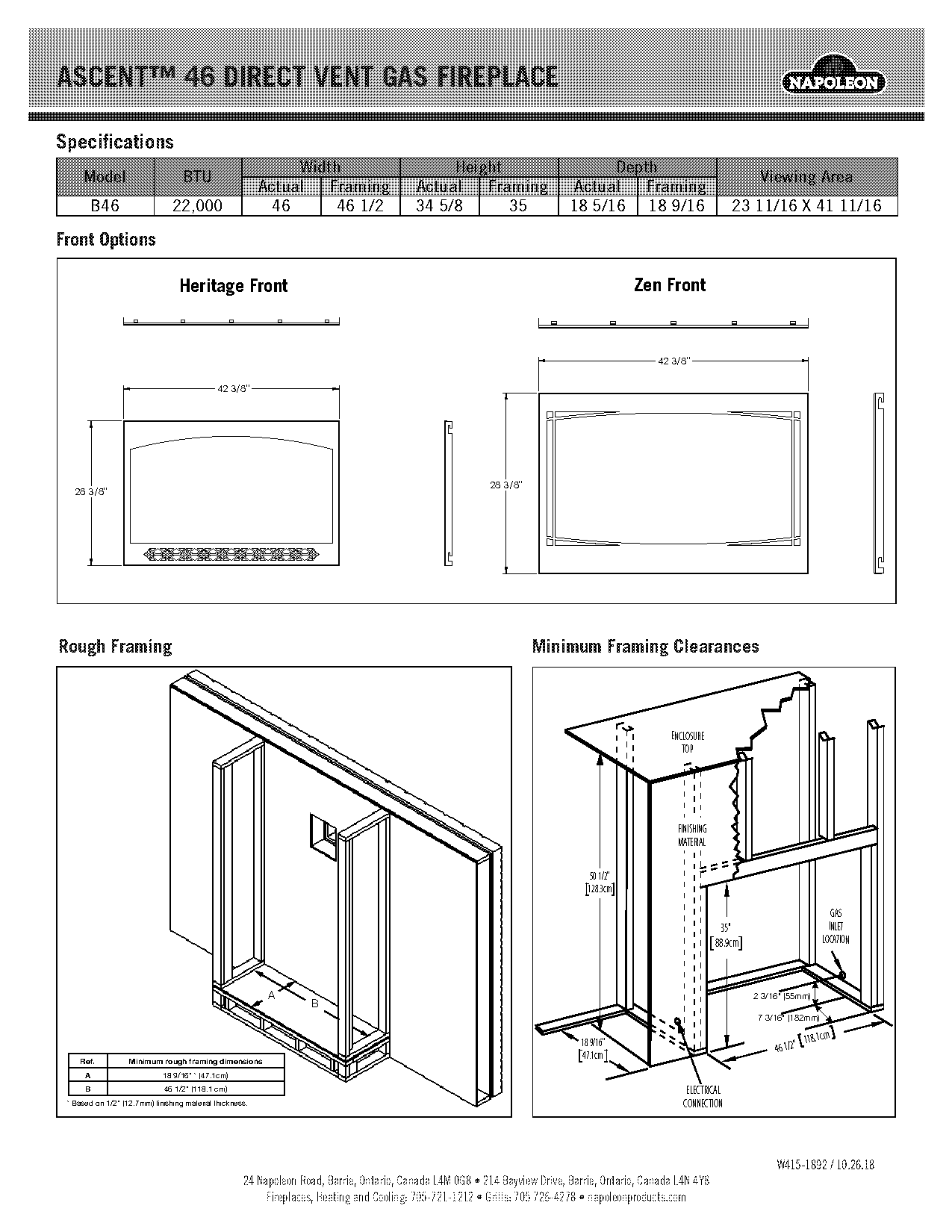 direct vent gas fireplace dimensions