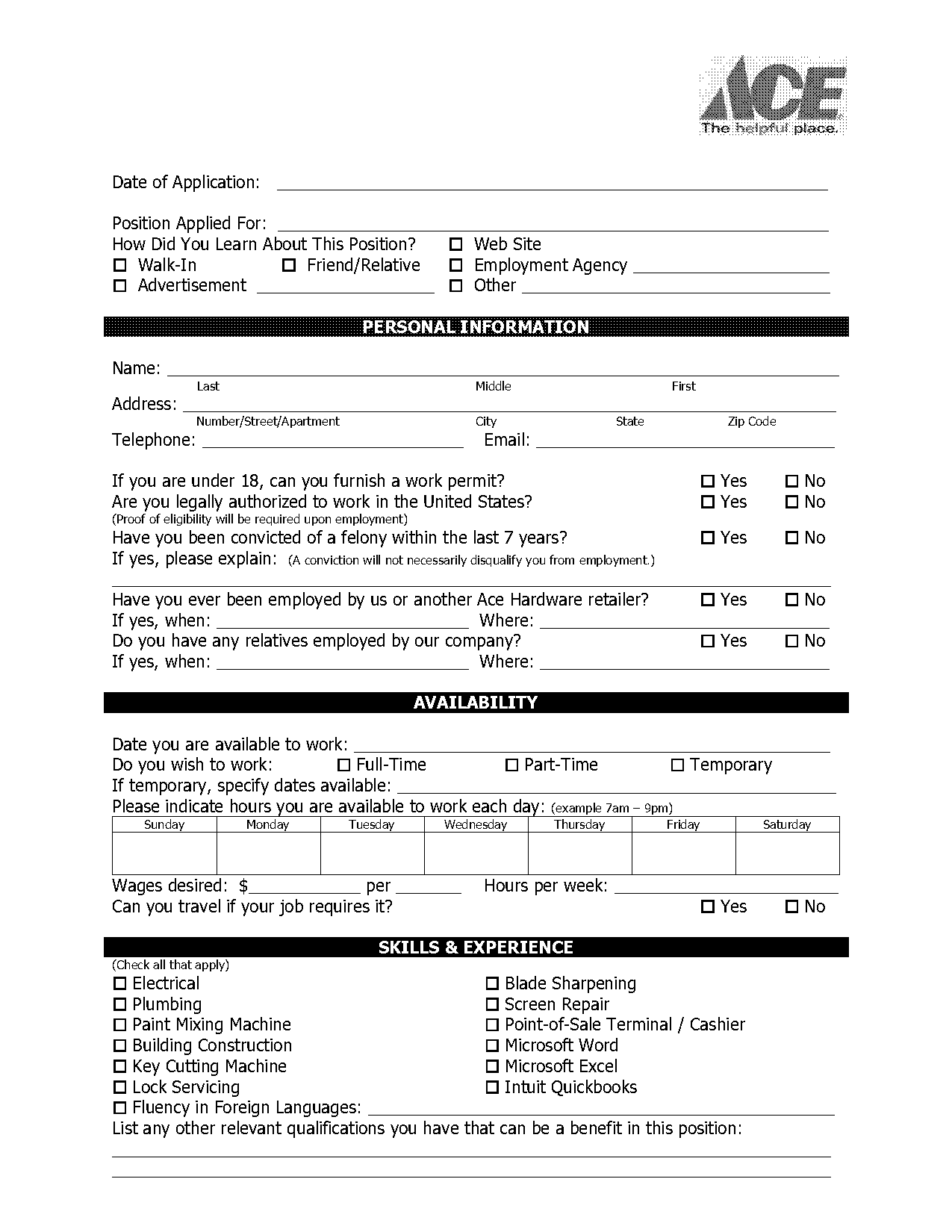 retail employment application form template