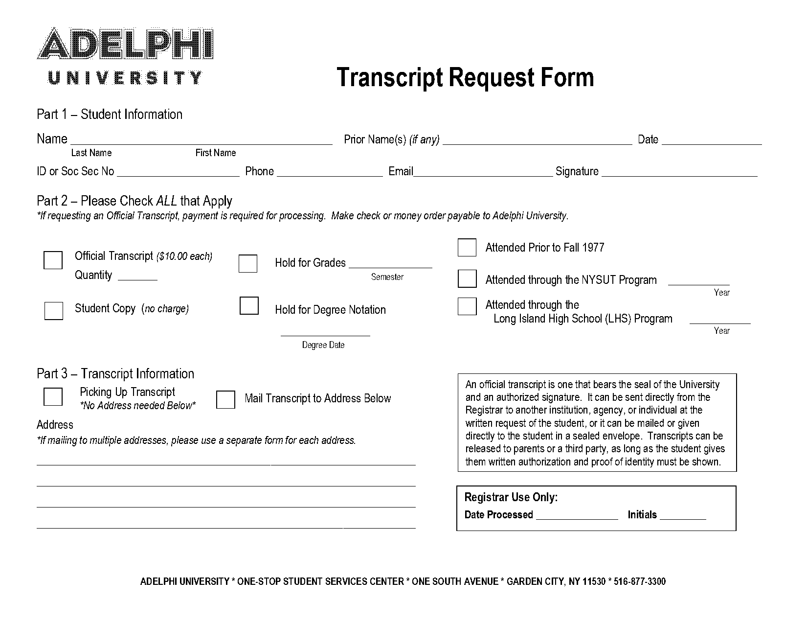 adelphi registrar transcript send