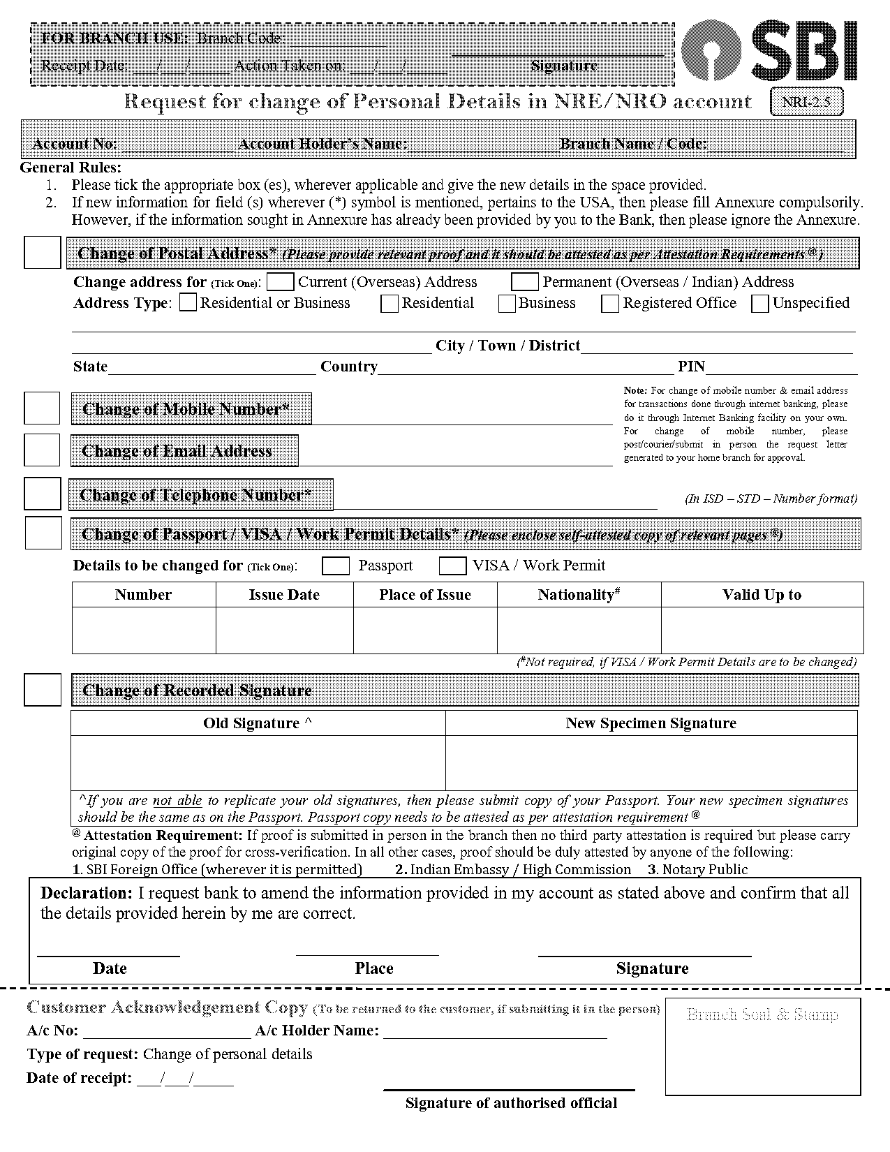 documents required for change of address in sbi bank account