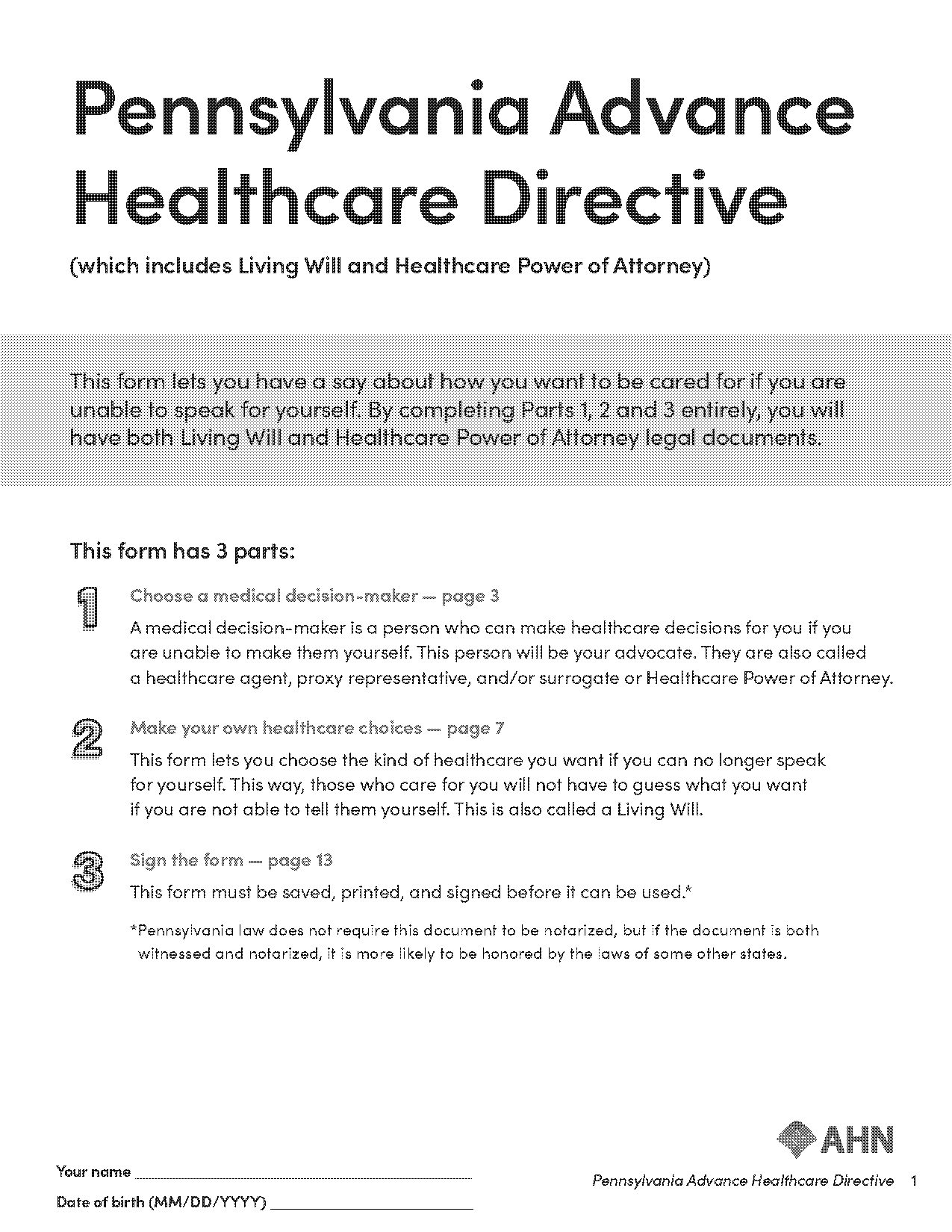 advance directive form pennsylvania