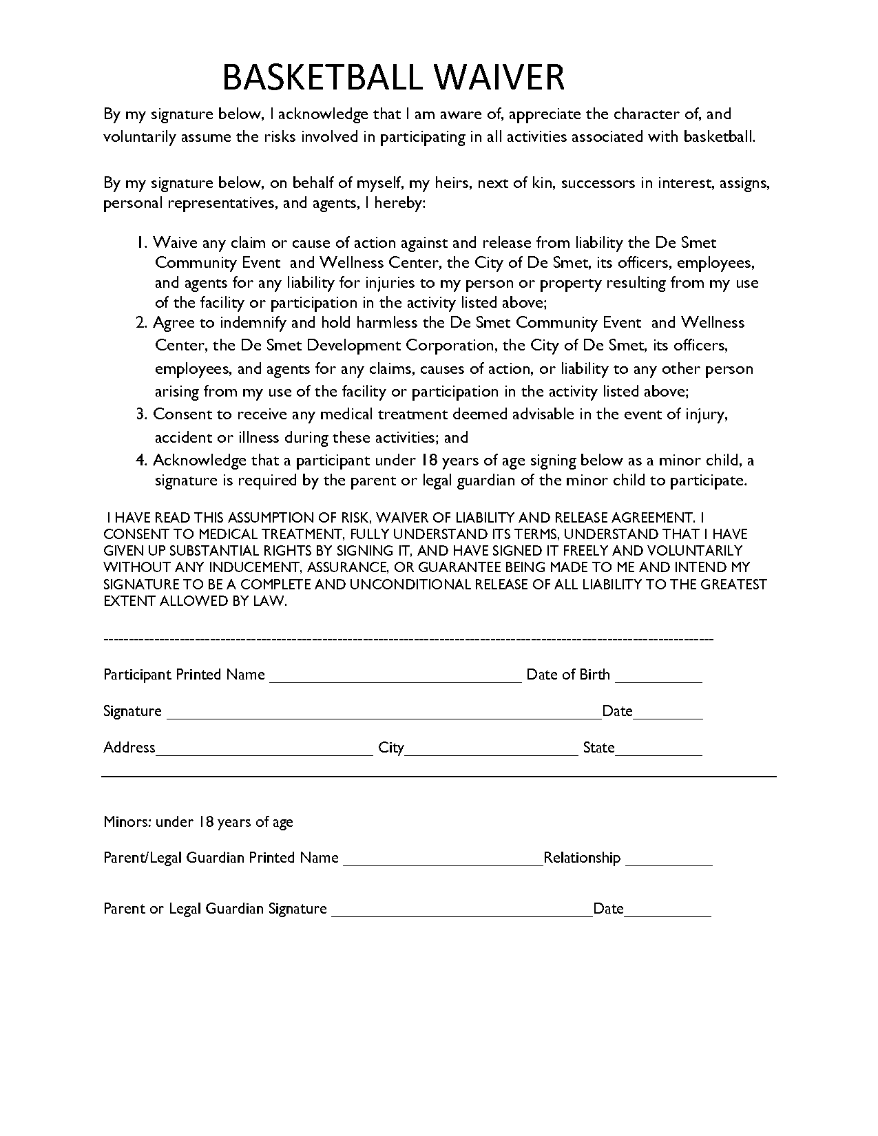 basketball tournament waiver form