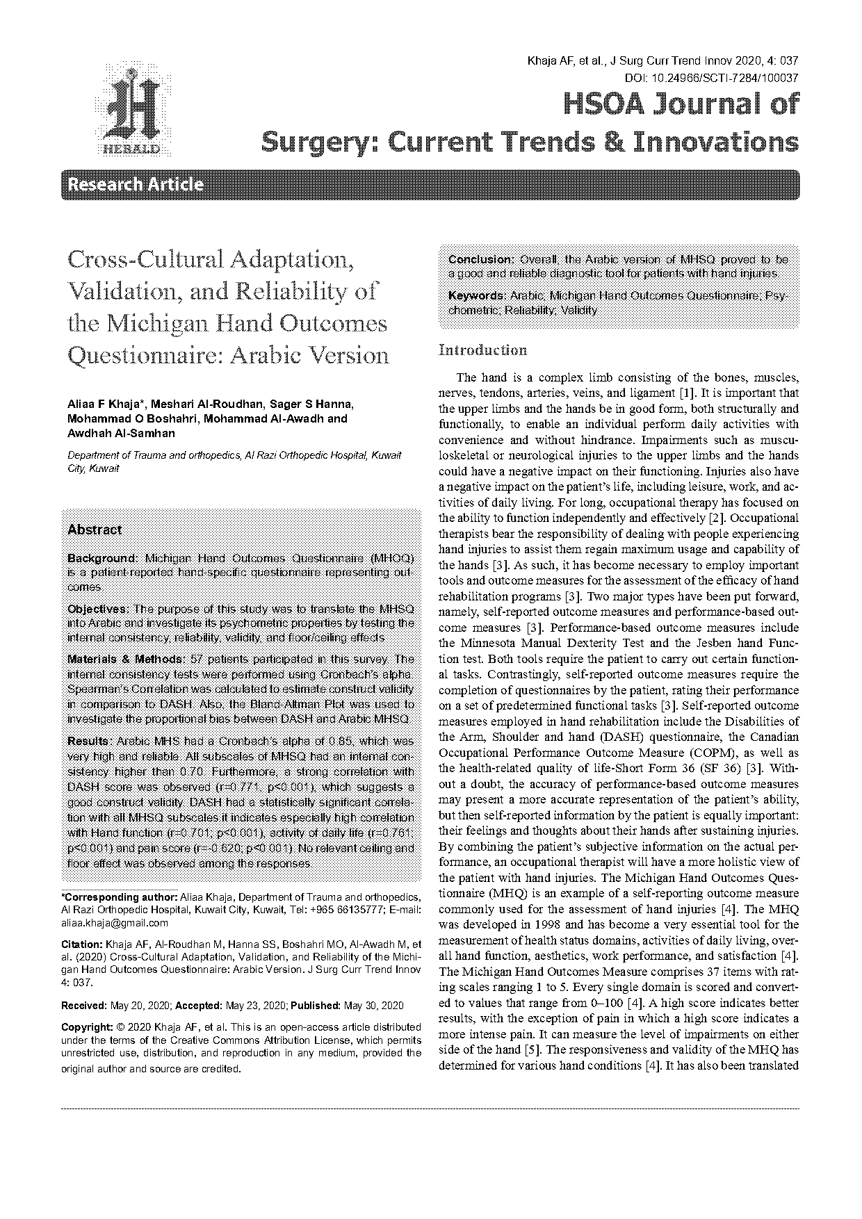 michigan hand outcomes questionnaire reliability