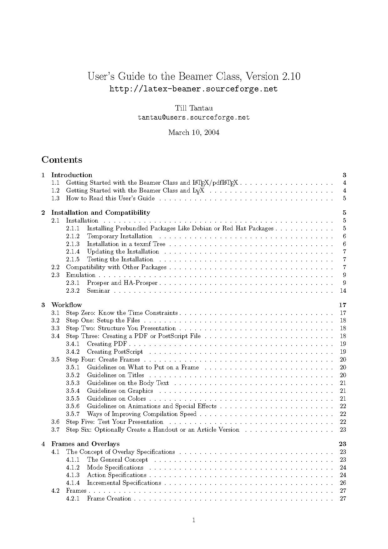 beamer table of contents frame title