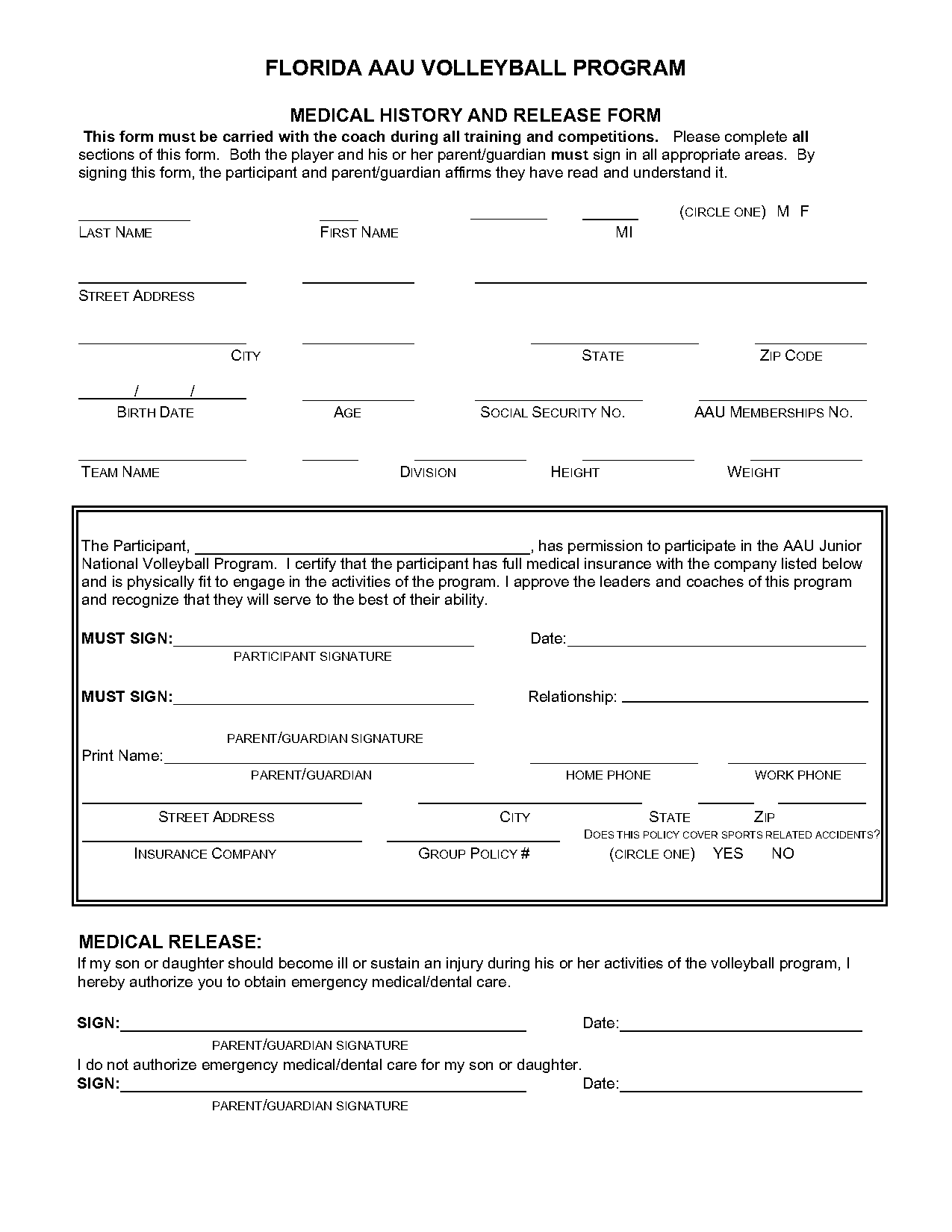 club volleyball medical form