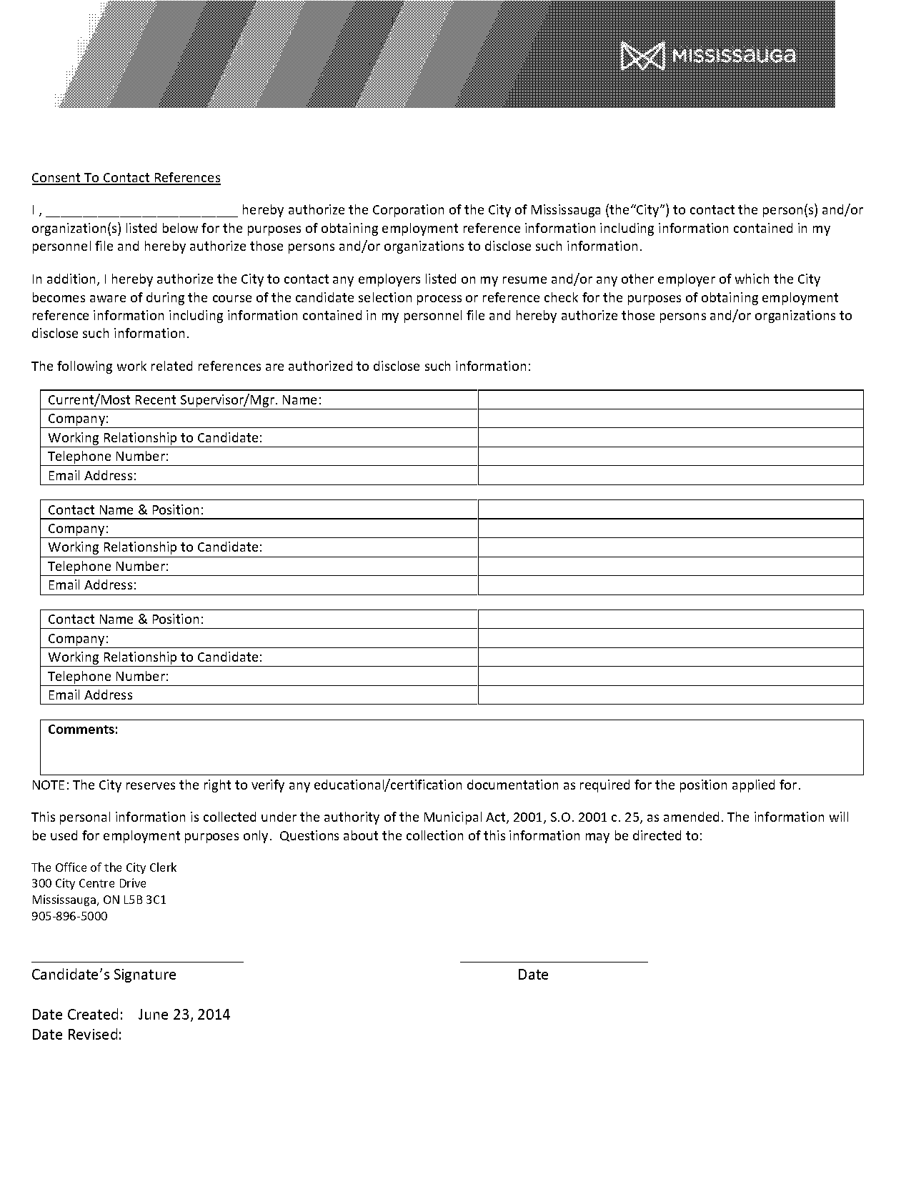 city of toronto reference consent form