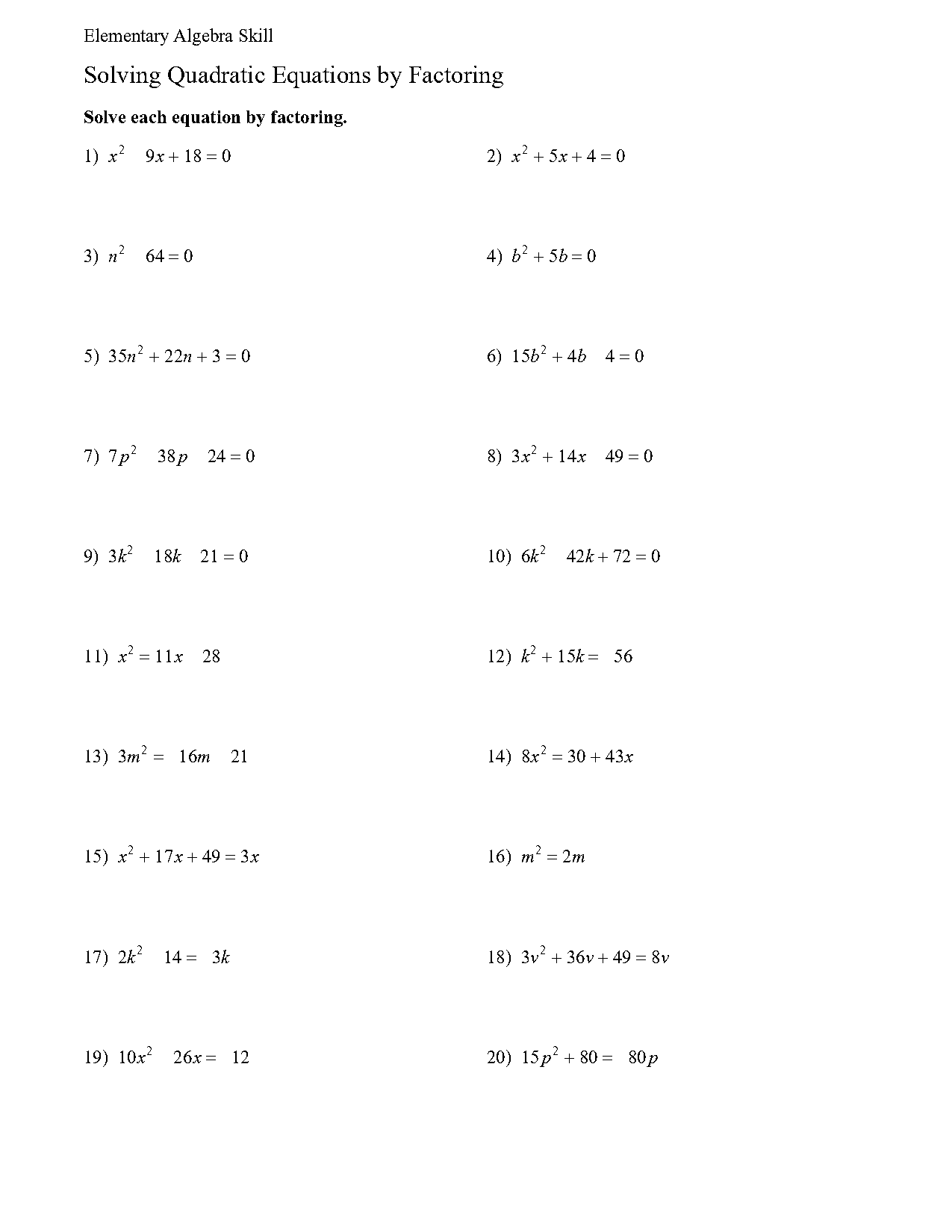 solve by factoring worksheet problems