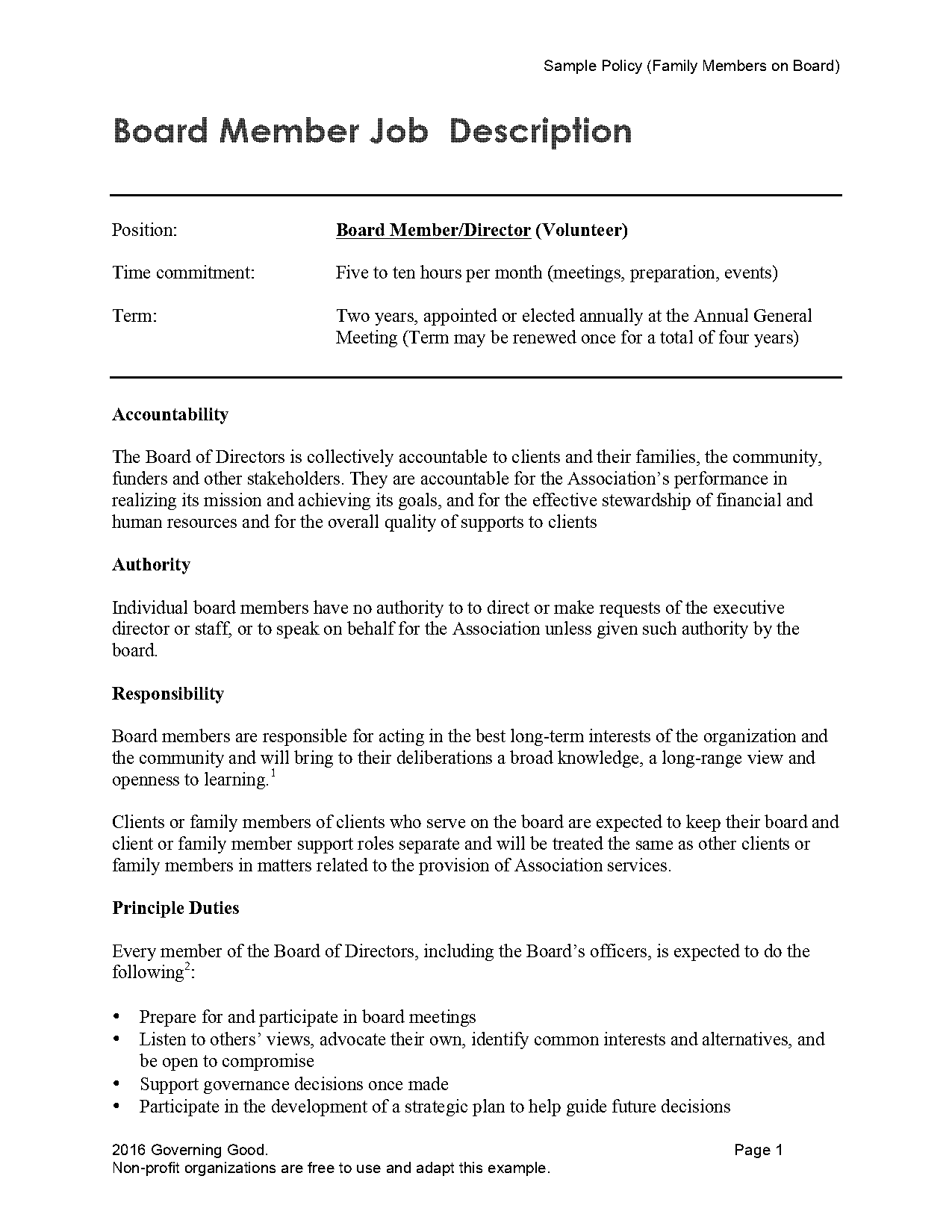 board of directors job description sample