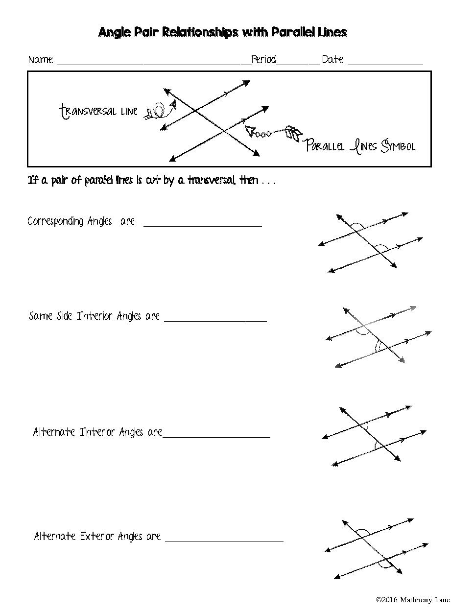 parallel lines and angle pairs worksheet answers