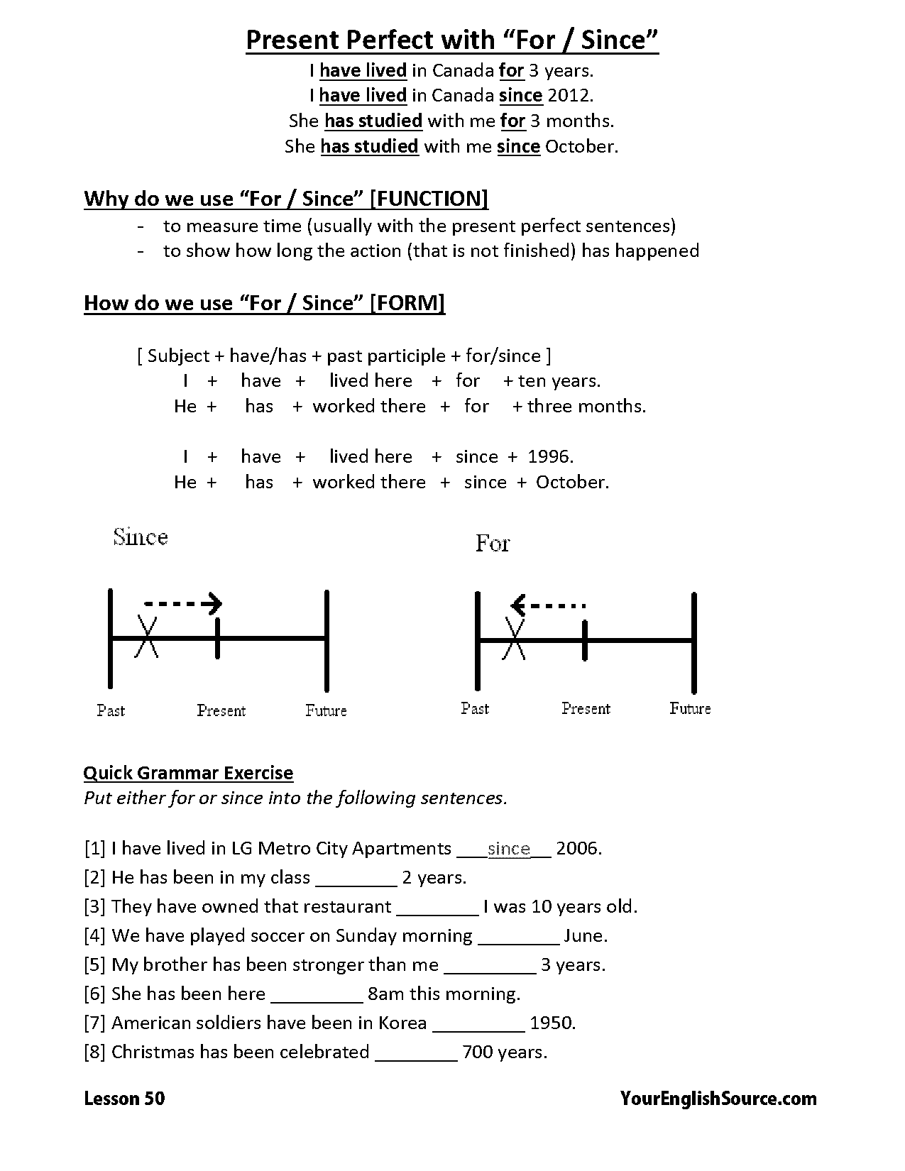 present perfect for and since worksheet pdf