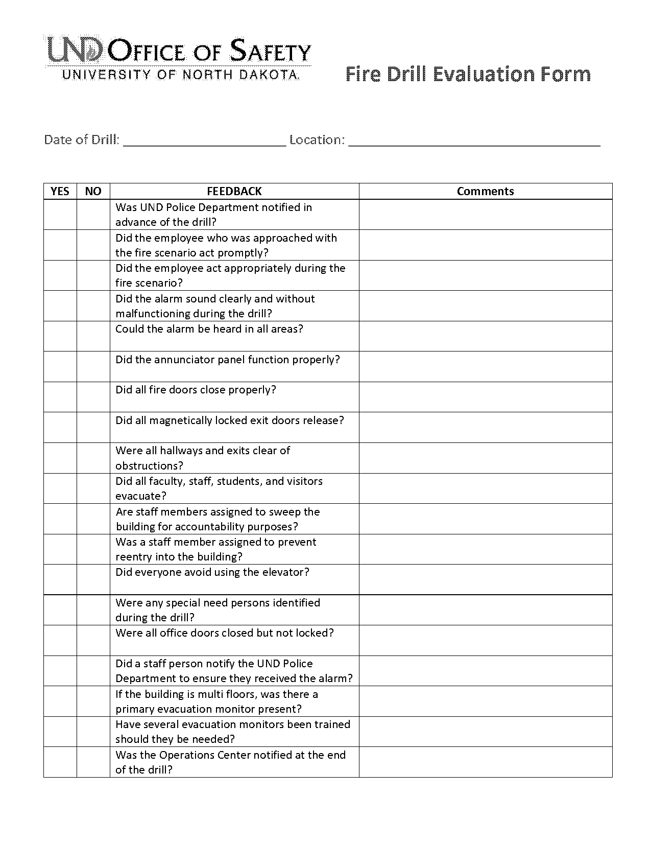 osha fire drill evaluation form