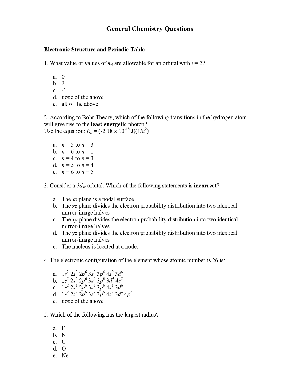 gen chemistry sample questions