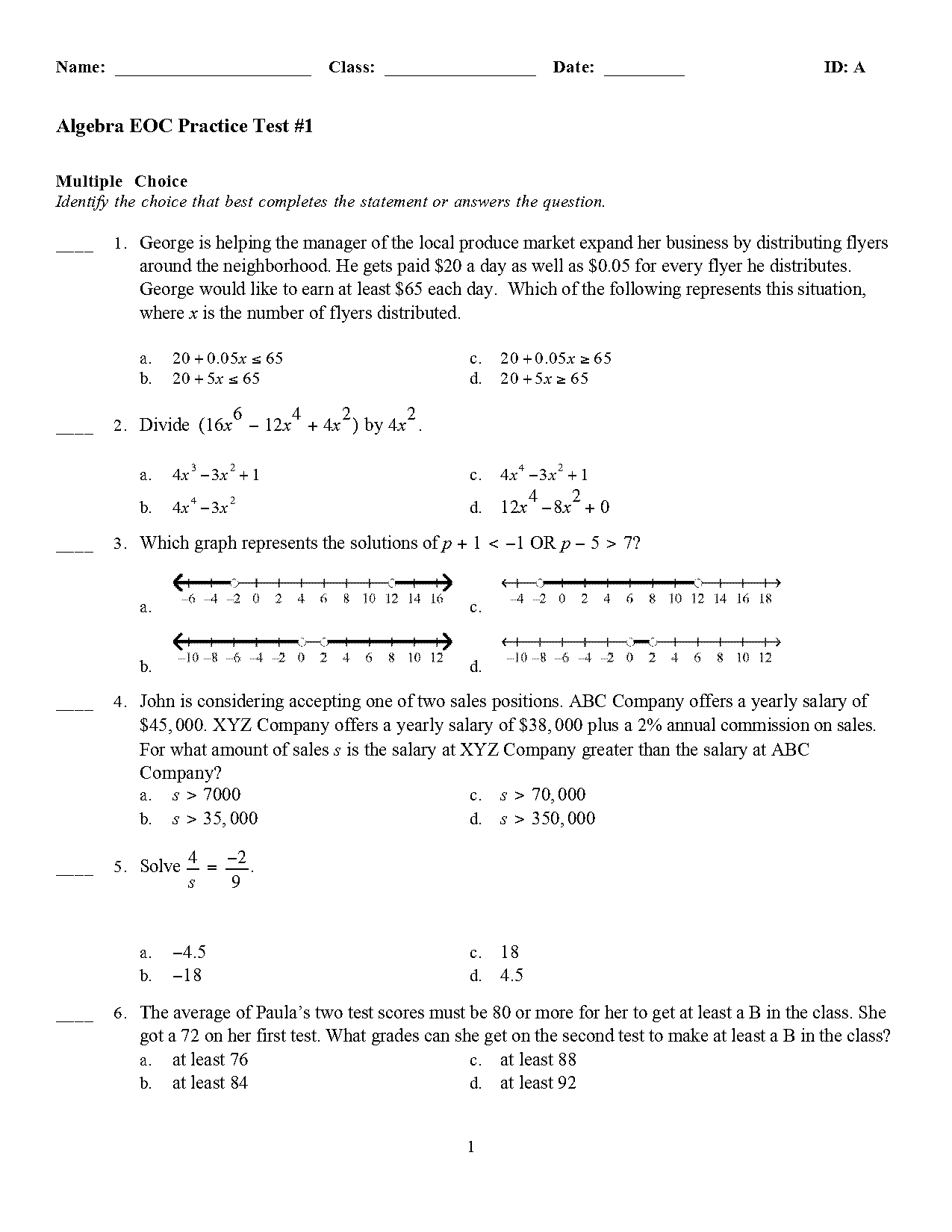 algebra eoc practice word problems pdf