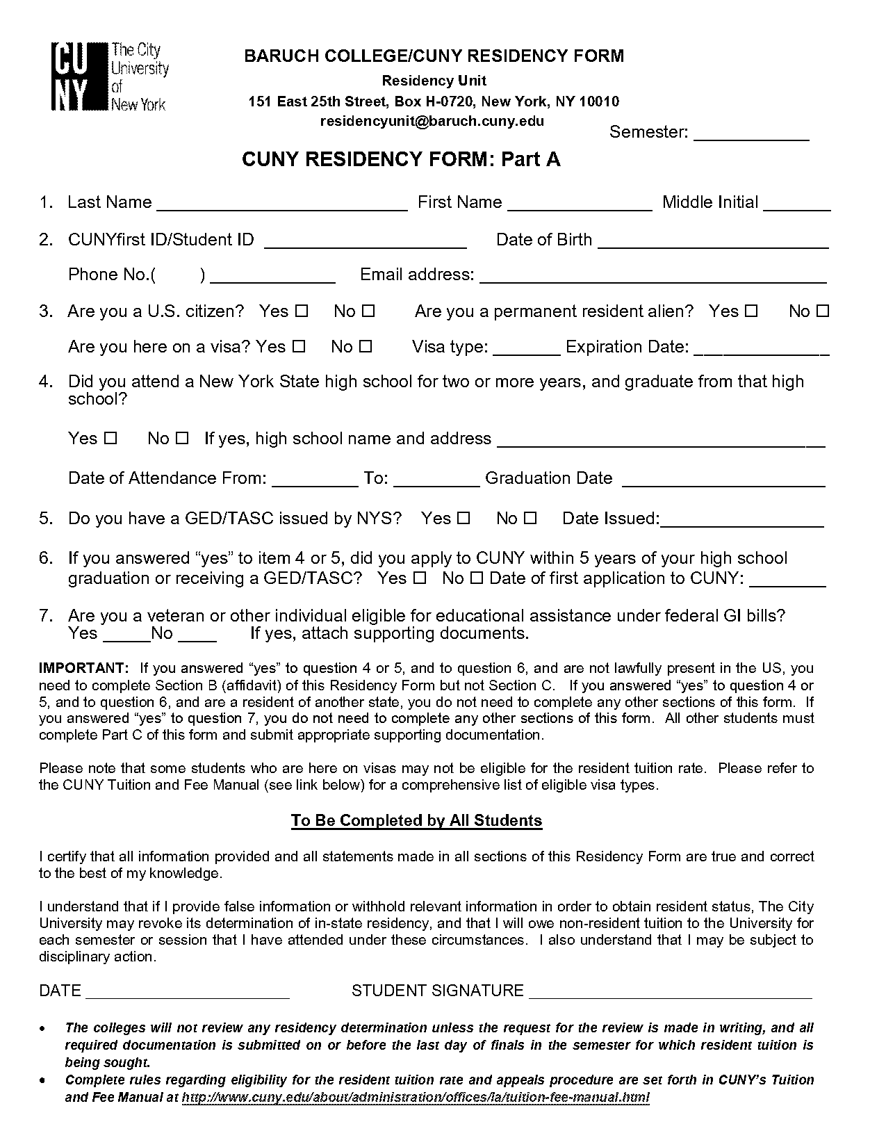 residency form for college