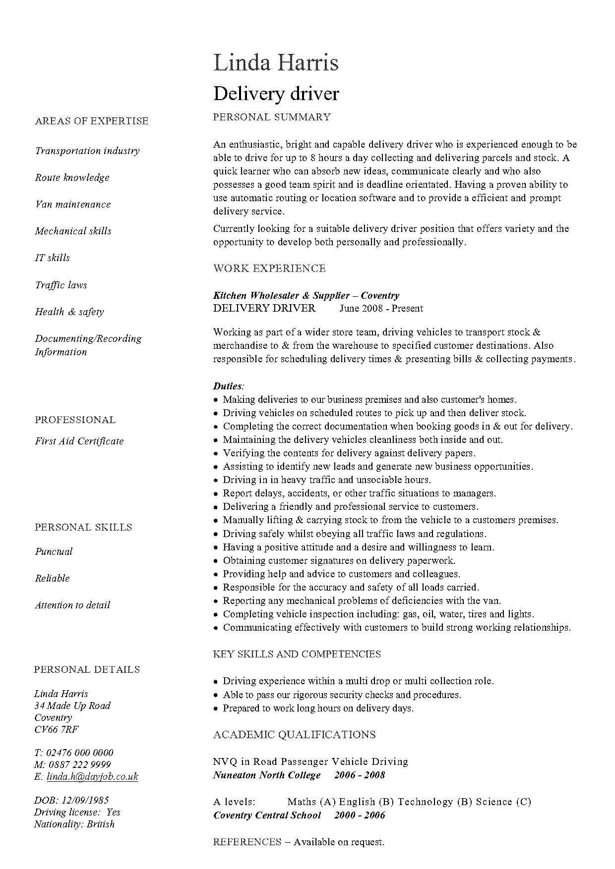 driver cv sample pdf