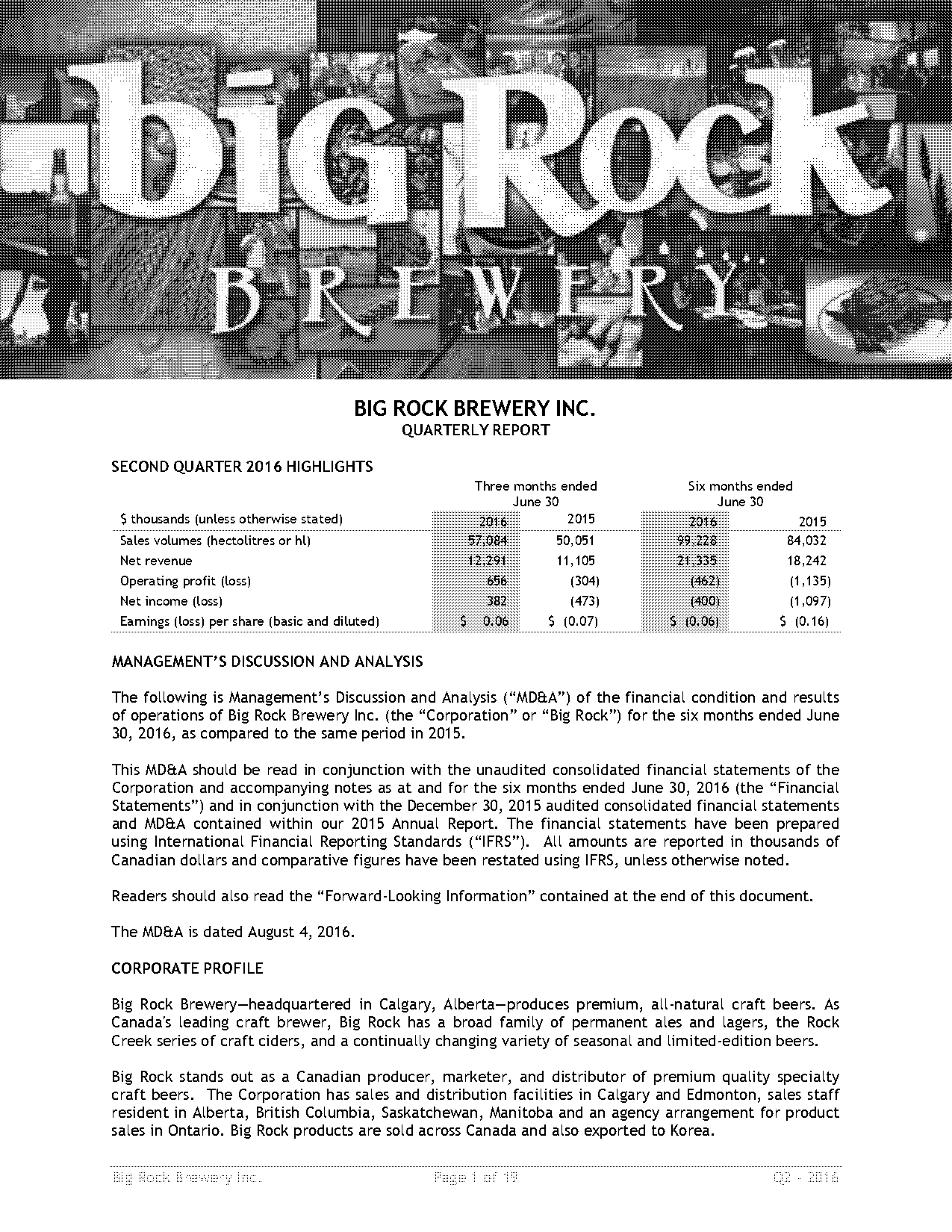 big rock brewery inc financial statements