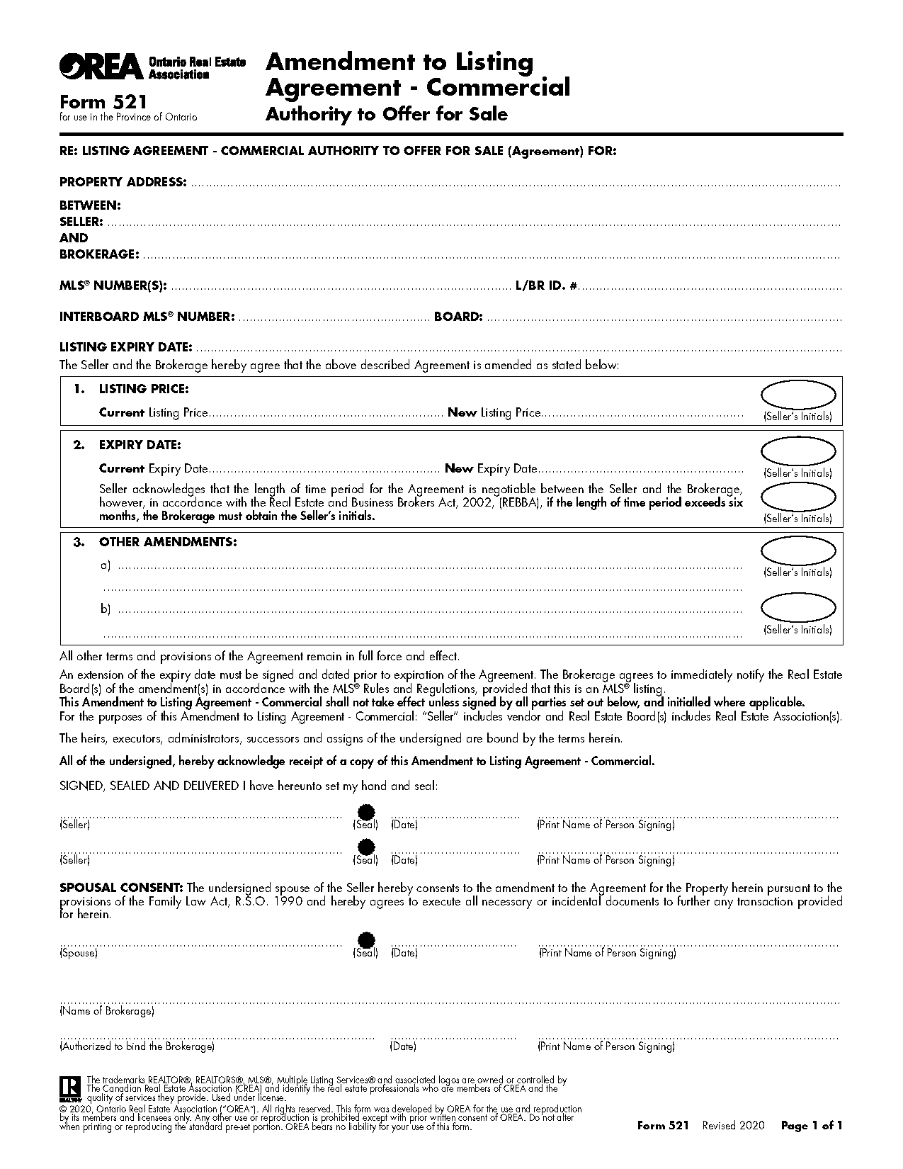 orea standard form of listing agreement