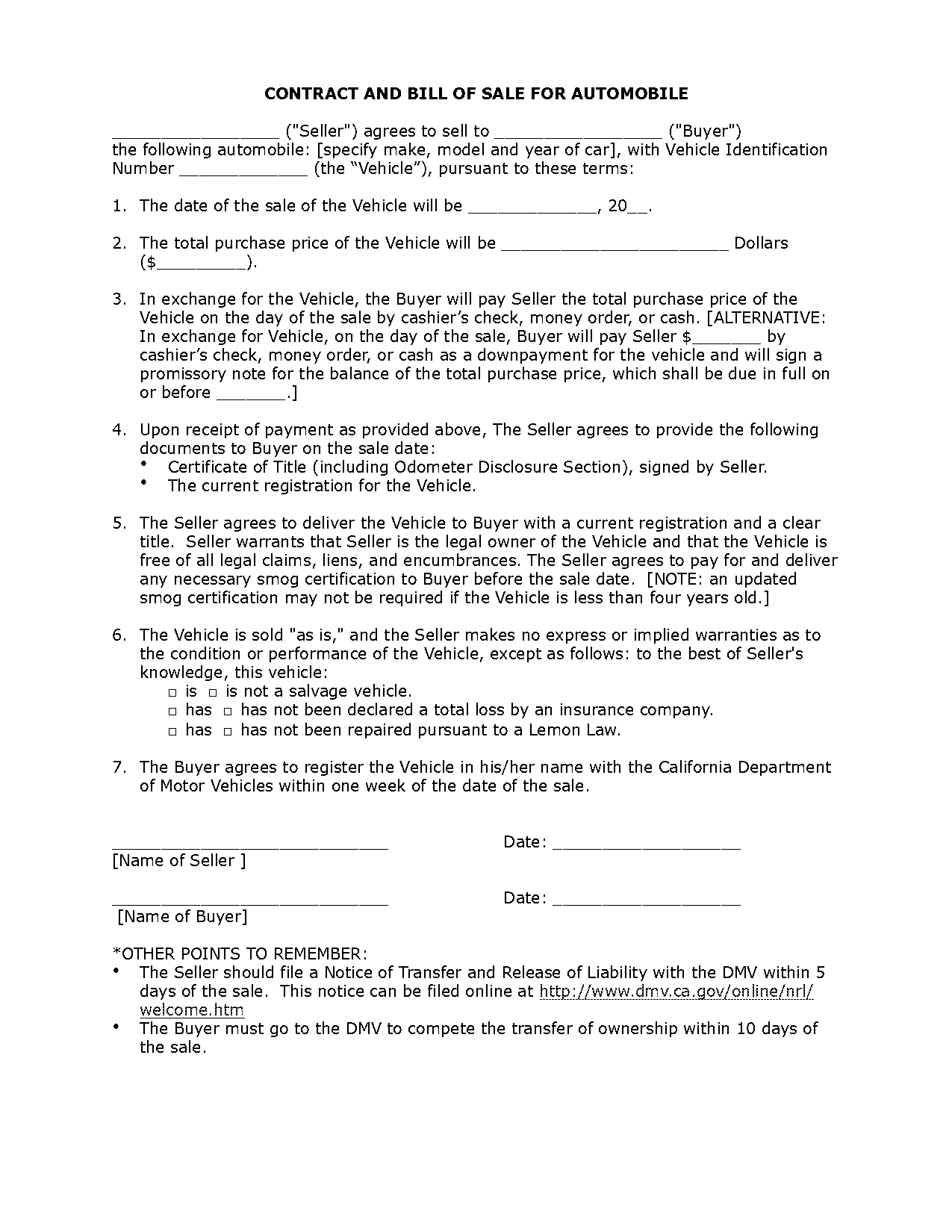 car buying contract sample