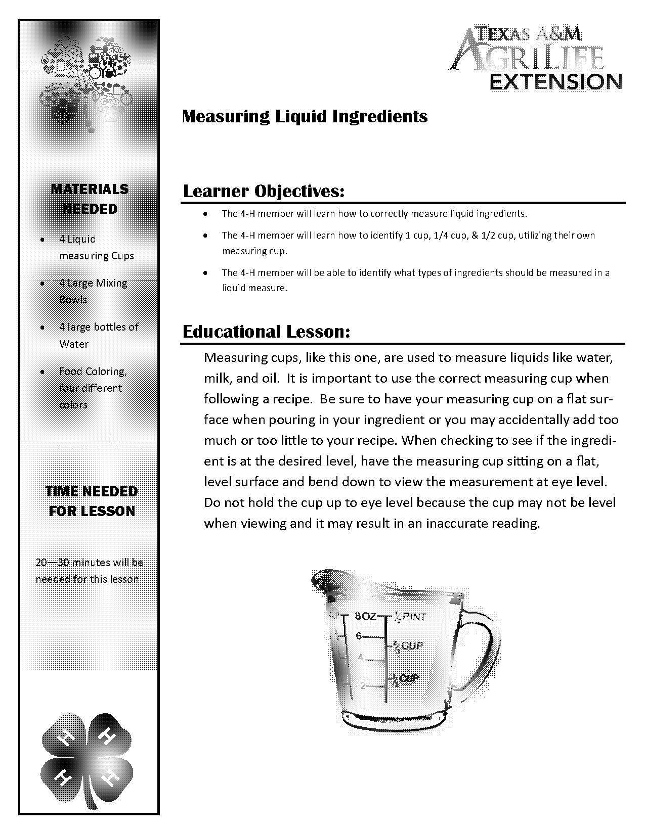 reading a measuring cup worksheet