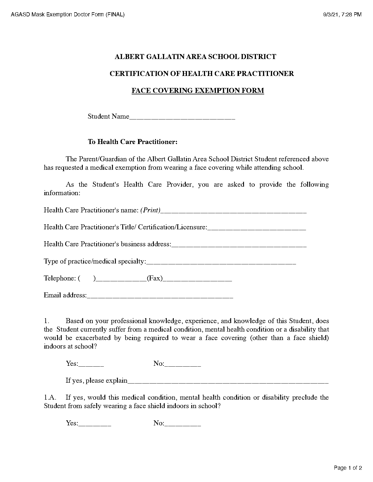 mask exemption form for school