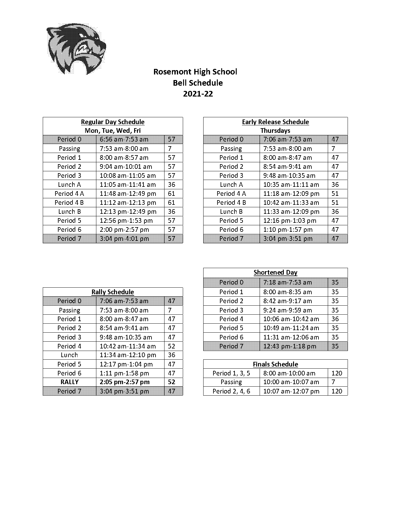 bell schedule rosemont high school